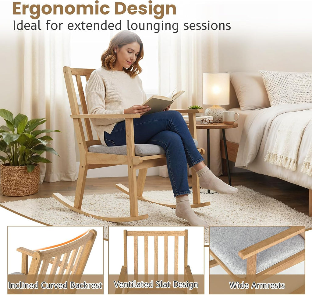 Giantex Rocking Chair with Cushion, Solid Rubber Wood Rocker w/Slatted High Back & Padded Seat, Indoor Rustic Accent Armchair for Living Room, Bedroom, Study, Nursery, Patio, Natural (1)