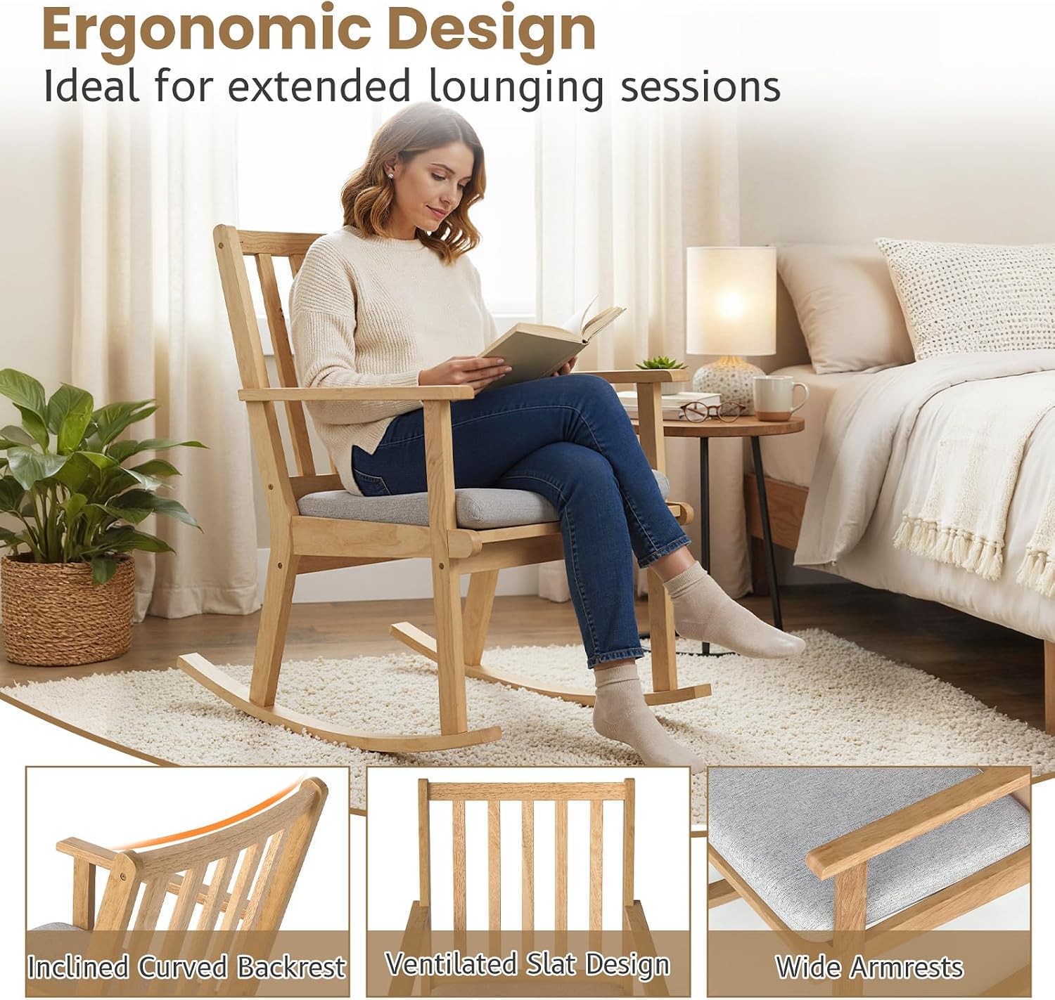 Giantex Rocking Chair with Cushion, Solid Rubber Wood Rocker w/Slatted High Back & Padded Seat, Indoor Rustic Accent Armchair for Living Room, Bedroom, Study, Nursery, Patio, Natural (2)