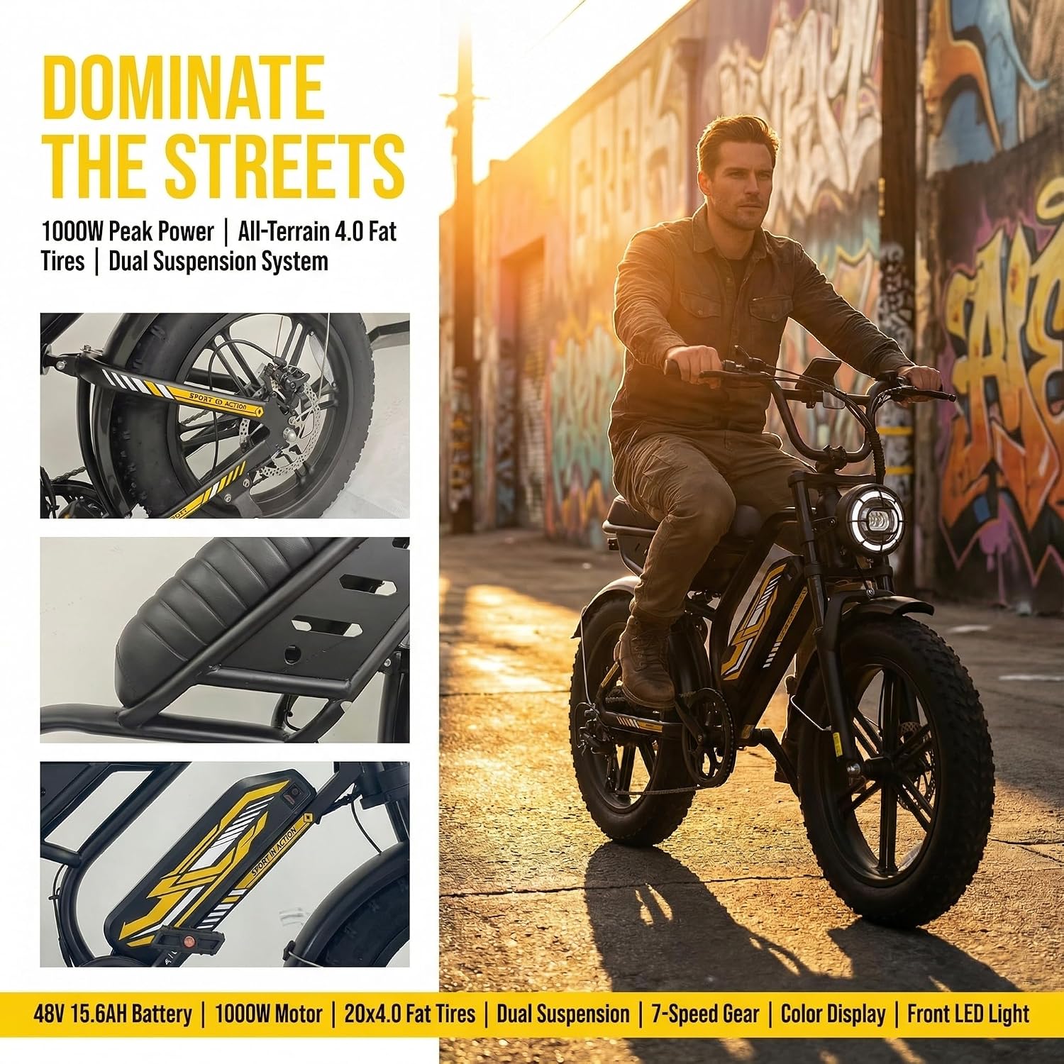 Fat Tire Electric Bike for Adults - 20'x4' Tires, 1000W Peak Motor, 25MPH, 7-Speed Electric Mountain Bike, 48V Removable Battery, 60-Mile Range