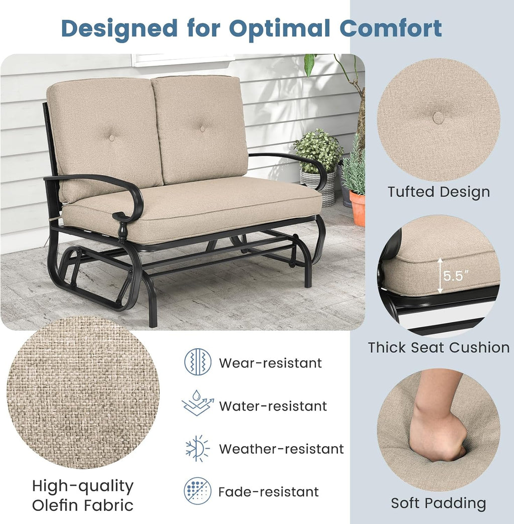 Tangkula Outdoor Swing Glider Chair, Patio Glider Bench for 2 Persons, Outdoor Rocking Loveseat with Steel Frame & Comfortable Cushions for Garden, Porch, Balcony, Poolside (Beige)