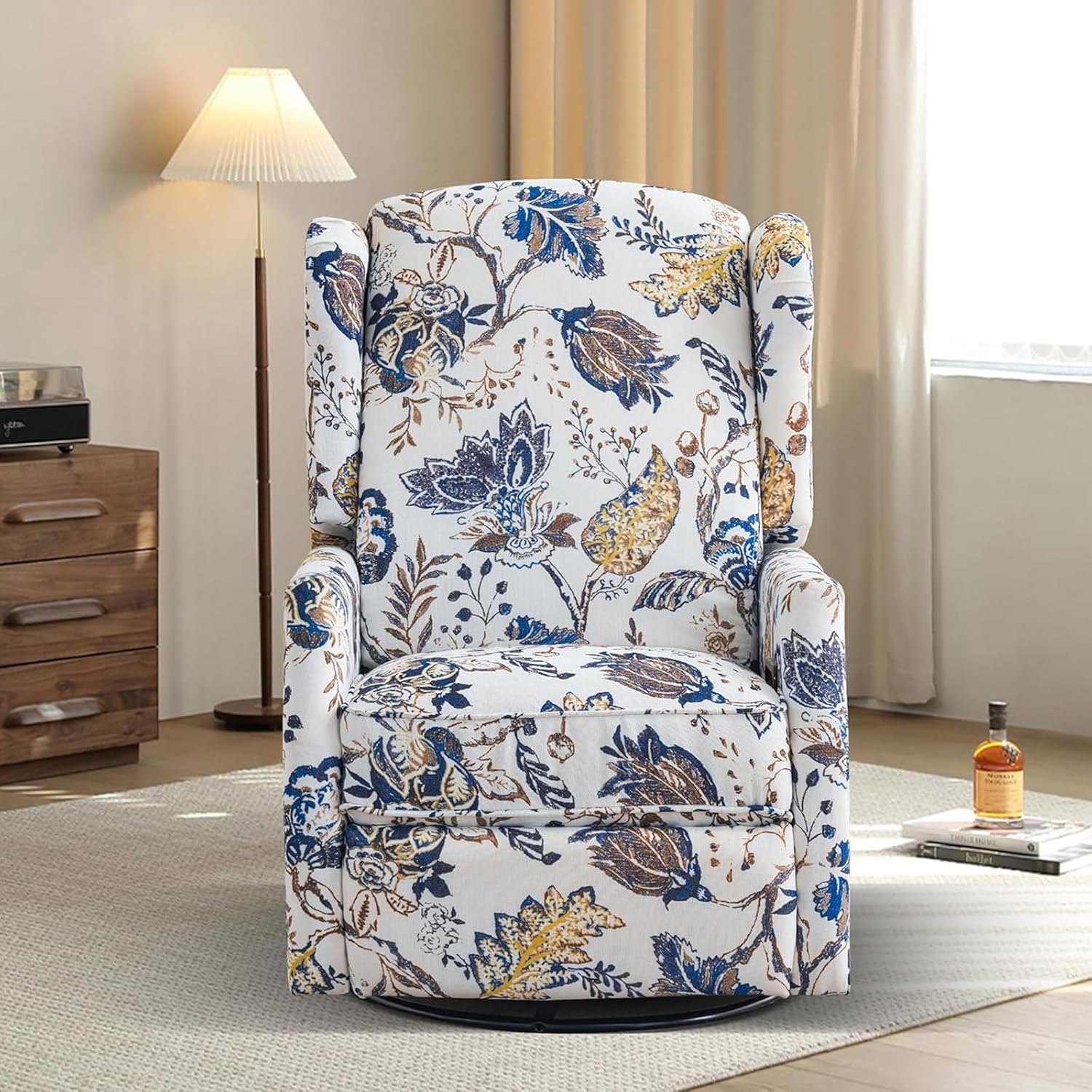 Swivel Rocker Recliner Chair, 360° Swivel Recliner with Rocking & Manual Push-Back Recline, Floral Wingback Glider Recliner for Nursery, Living Room, Bedroom, Adjustable Backrest & Footrest (Blue)