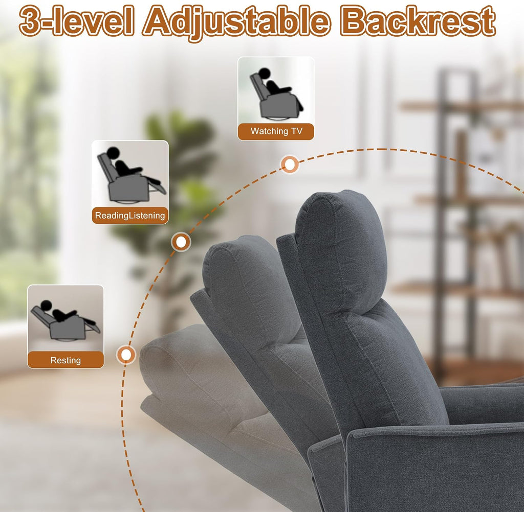 Manual 360° Swivel Rocker Recliner Chair for Adults, Overstuffed Glider Chair for Nursery with Vibration Massage and Heat, Comfy Soft Fabric Glider with Side Pockets for Living Room, Dark Gray