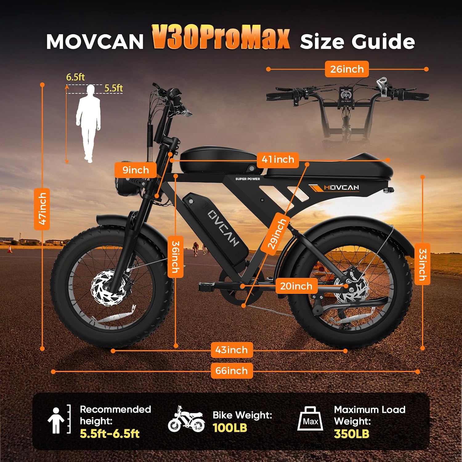 Movcan V30/V30Max/V30ProMax Electric Bike for Adults, 1000W/1500W/3000W, 28/32/37.5MPH, 48V 15.6/31.2/40AH Battery, Max Range 120Mile Electric Dirt Bike, 20' Fat Tire, 7-Speed Electric Mountain Bike