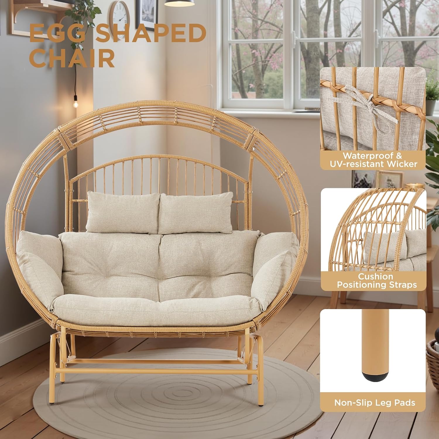 Oversized 2-Person Egg Chair Glider Rocking Chair, Heavy-Duty Wicker Rattan Outdoor Loveseat w/Thicken Padded Cushions, Extra Large Lounge Chair for Porch Backyard Patio Garden Yellow