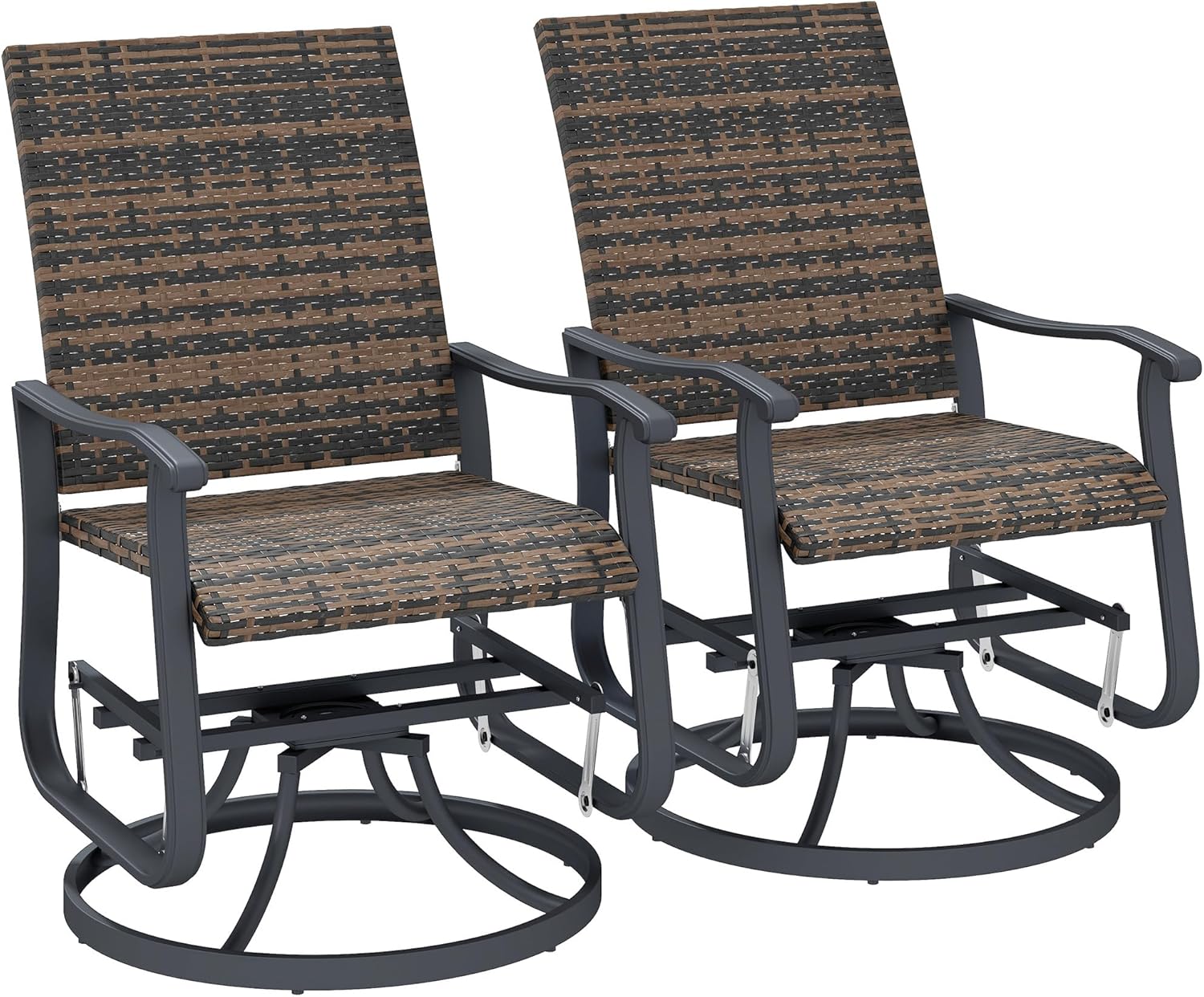 Outsunny Patio Glider Chair Set of 2, Wicker Rattan Outdoor Swivel Chair with Steel Frame, High Back, Armrests, Porch Glider with Adjustable Foot Pads for Garden, Lawn, Backyard, Brown