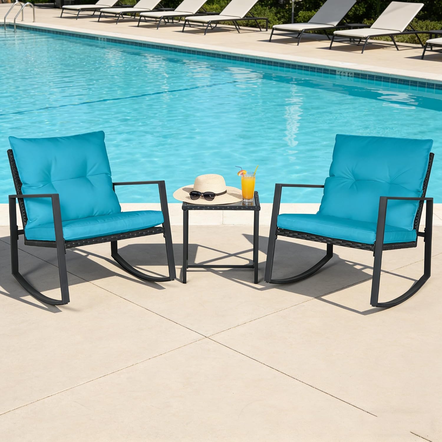 SUNCROWN 3 Piece Outdoor Rocking Bistro Set Black Wicker Furniture Porch Chairs Conversation Sets with Glass Coffee Table, Light Blue