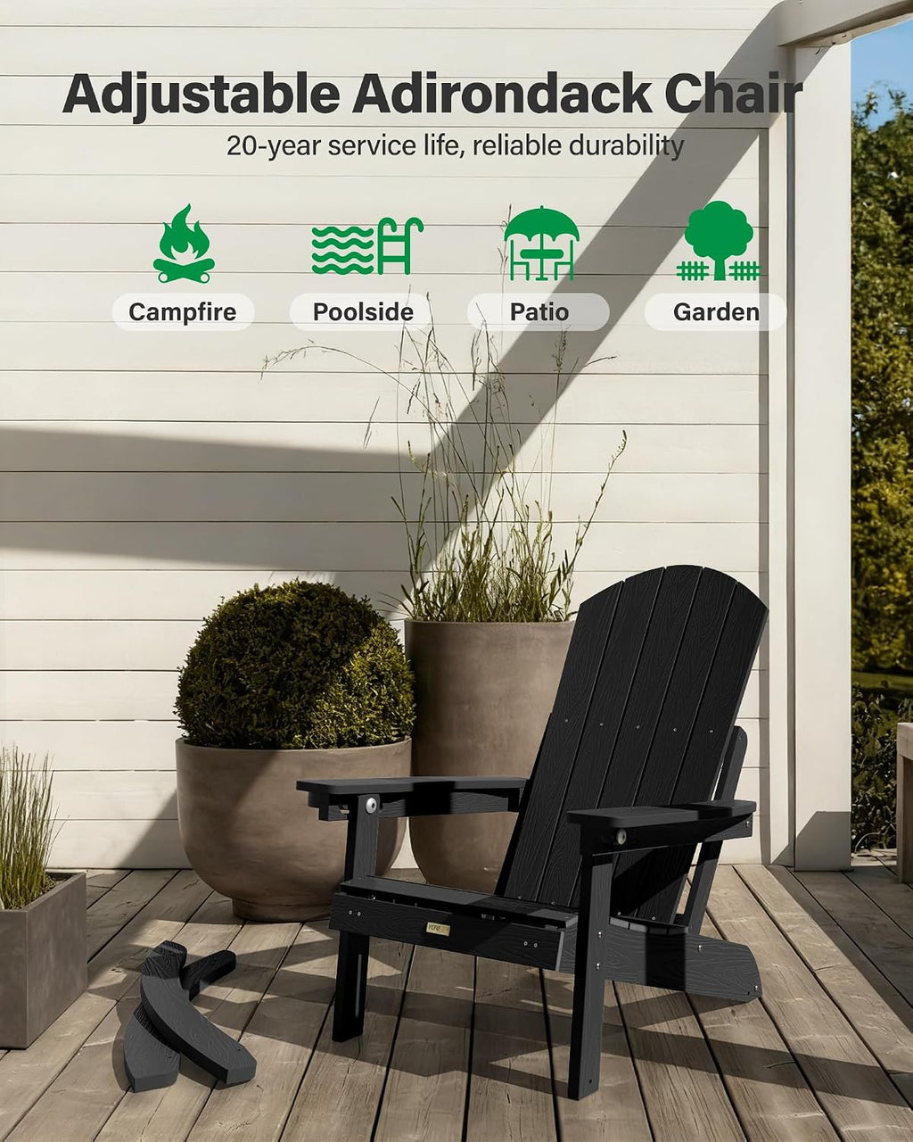 YEFU Outdoor Rocking Chairs Set of 2, Adirondack Chair with Retractable Ottoman, Adjustable Adirondack Rocking Chair,Rockings Chairs Outside,Weather Resistant,for Patio,Porch,Lawn,Heavy Duty,Black
