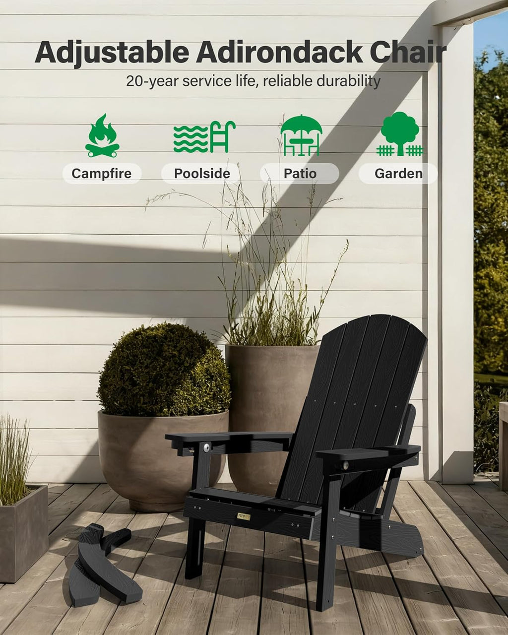YEFU Rocking Chairs Outdoor Set of 4, Adirondack Chairs with Retractable Ottoman, Adjustable Adirondack Rocking Chair,Rockings Chair Outside,Weather Resistant,for Patio,Porch,Lawn,Heavy Duty,Black