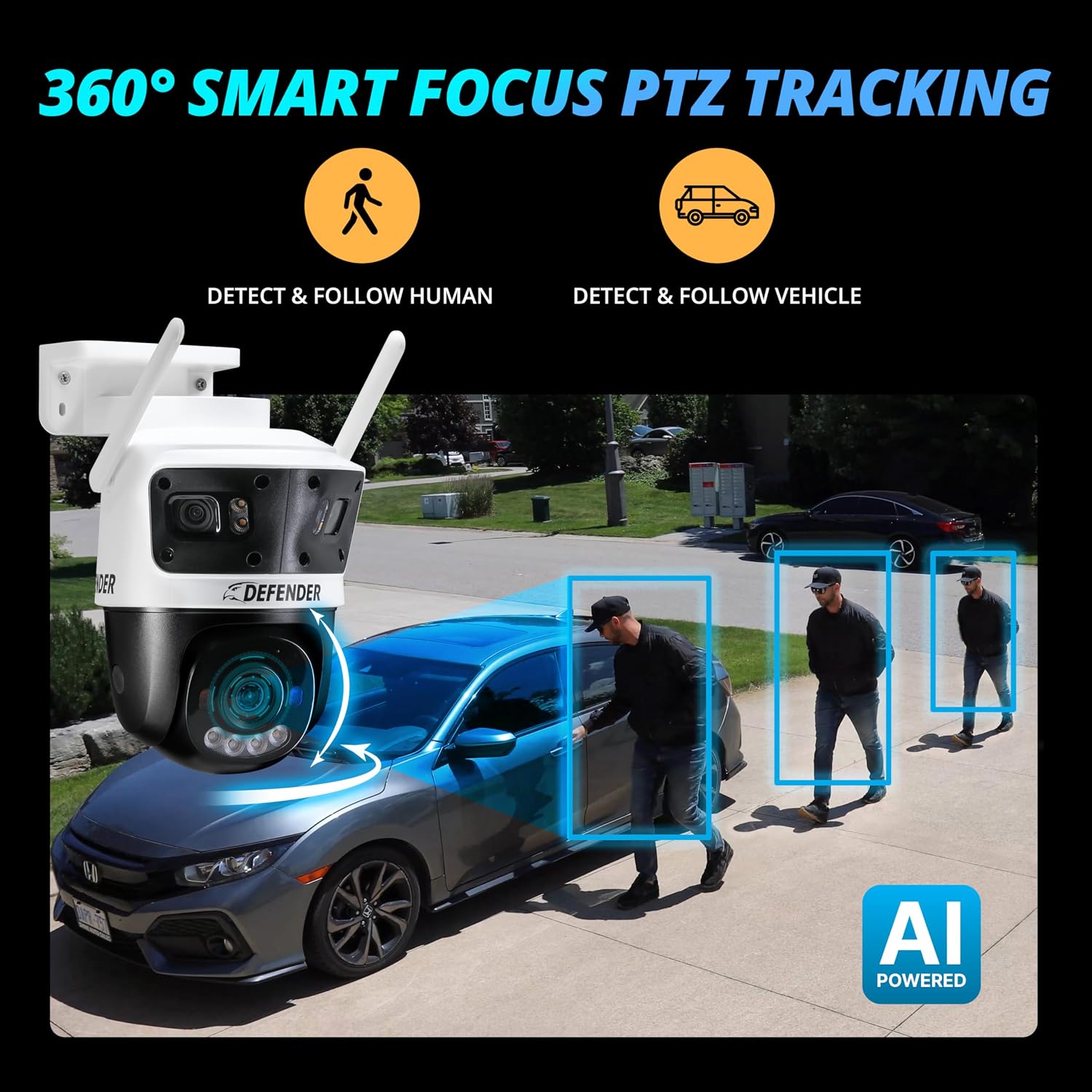 Defender AI Powered 3K+ Guard WiFi Tri-Lens PTZ Plug-in Power Outdoor Security Camera, 3-in-1, 360°, 8X Zoom, Human/Vehicle AI Detection, Blue/Red LED, WiFi 6, Works w/Guard App, 2 Pack