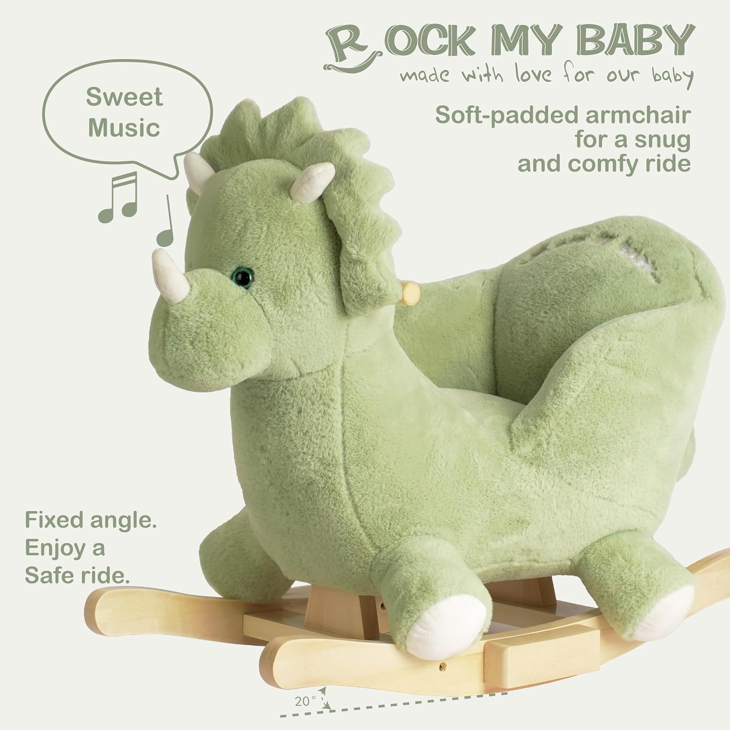 Rock My Baby Rocking Horse Green Dinosaur with Chair, Plush Stuffed Animal Rocker for Toddlers 1-3, Baby Rocker with Sweet Music, Wooden Rocking Horse Baby Animal Rocker,CPC Certified