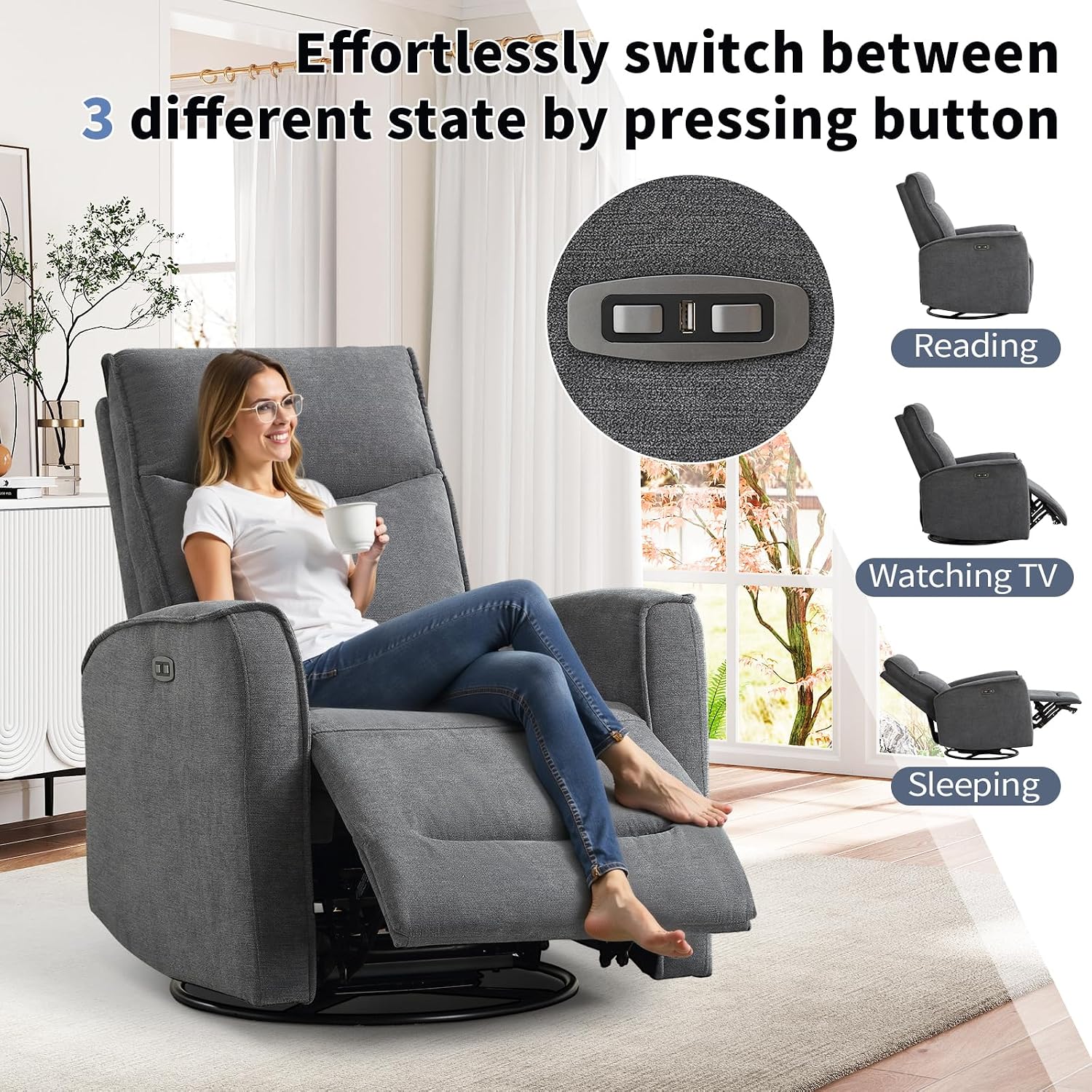 ANJ Power Rocker Recliner Chair with USB Ports, Electric 270° Swivel Glider Recliners, Upholstered Leathaire Rocking Reclining Sofa Nursery Recliner for Living Room, Bedroom (Smoke Gray)