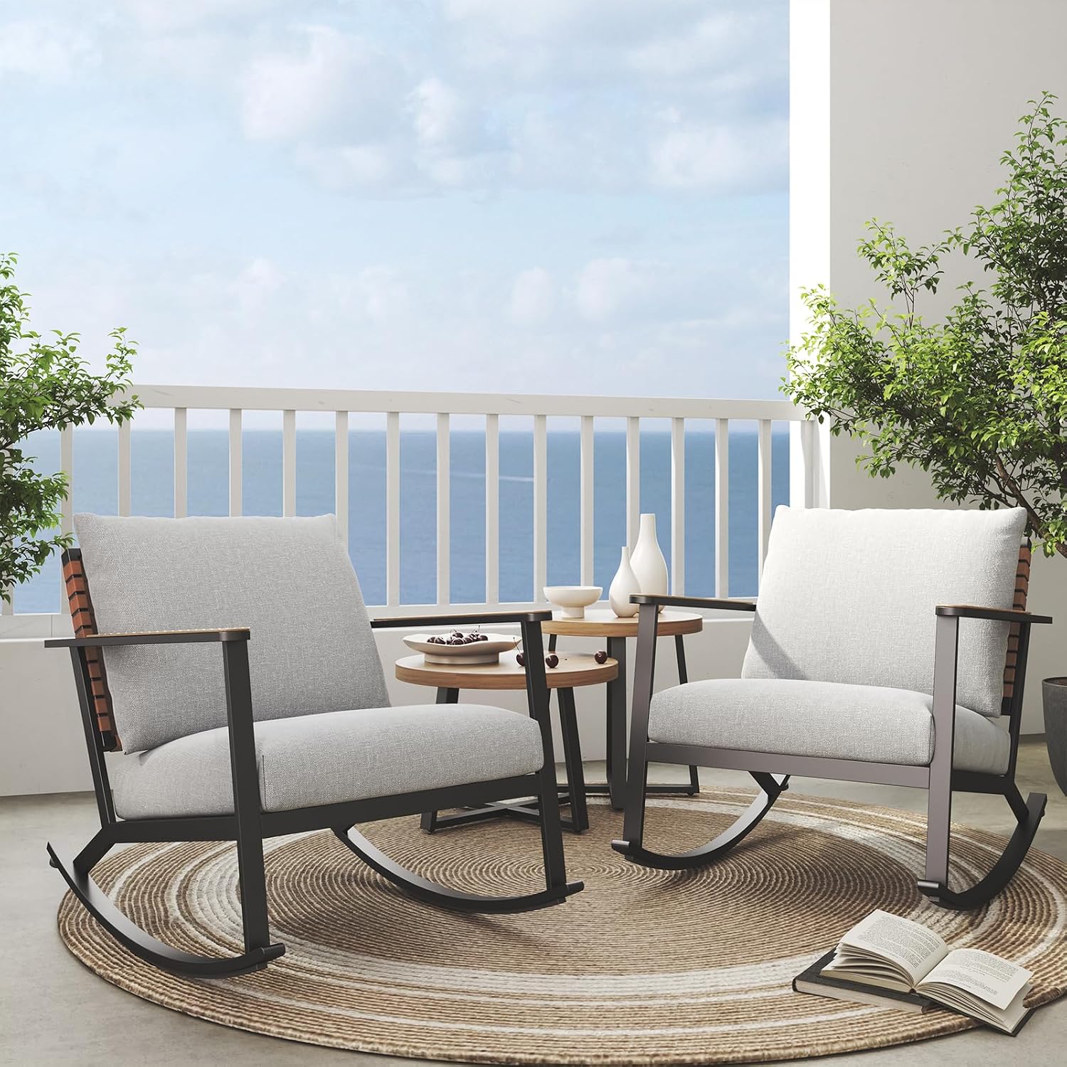 Grand patio Outdoor Rocking Chairs, 4-Piece Leather-Look Patio Wicker Bistro Set Outdoor Furniture Conversation Sets with 2 Chairs and 2 Faux Wood Grain Coffee Table, 4.75'' Grey Cushions