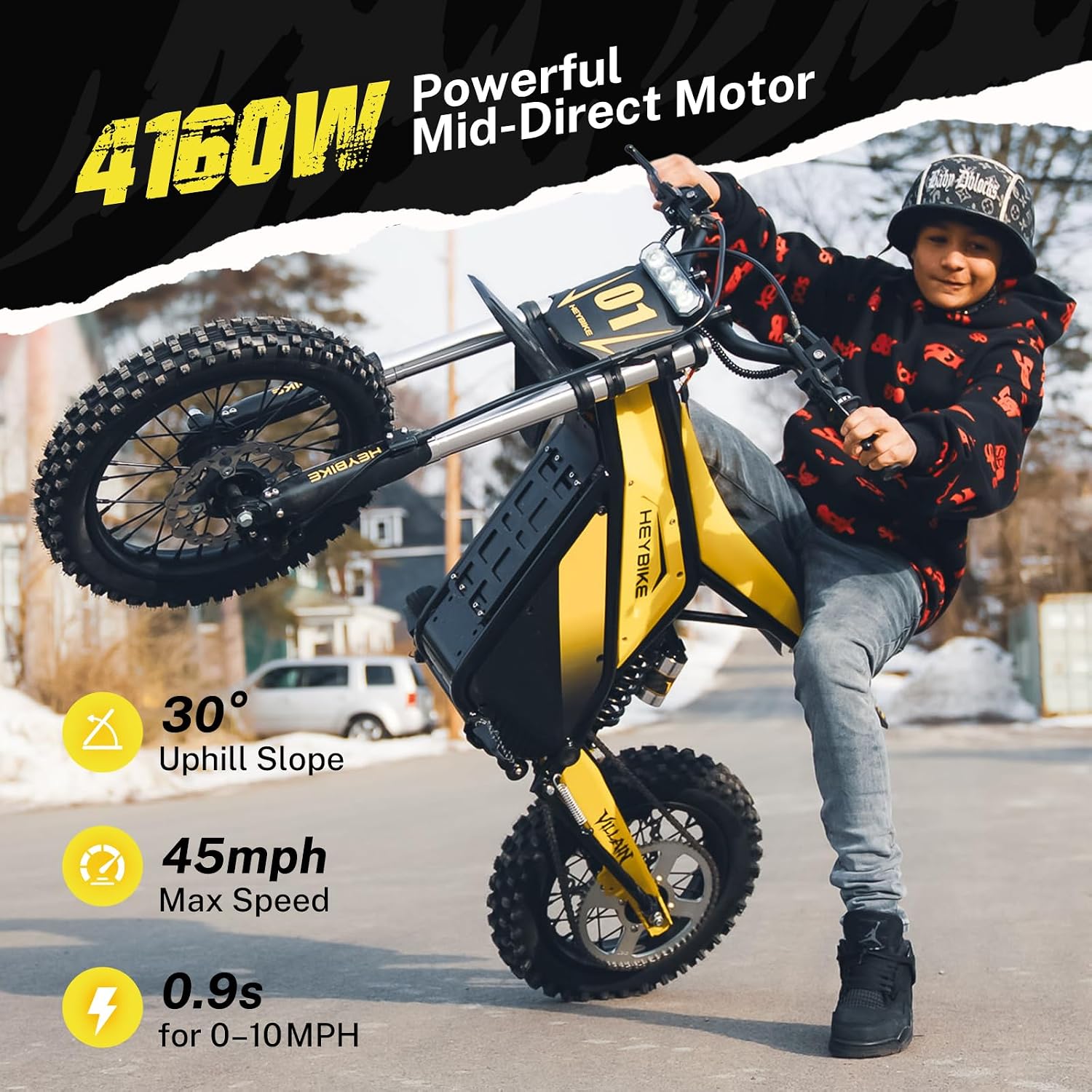 Heybike Villain Electric Dirt Bike with 4160W Motor, 52V 26AH E Dirt Bike, 14/12' Fat Tire Dirtbike with Hydraulic Brakes, Up to 45 MPH & 50 Miles Moped Style Ebike（Standard; Sunflower Yellow）
