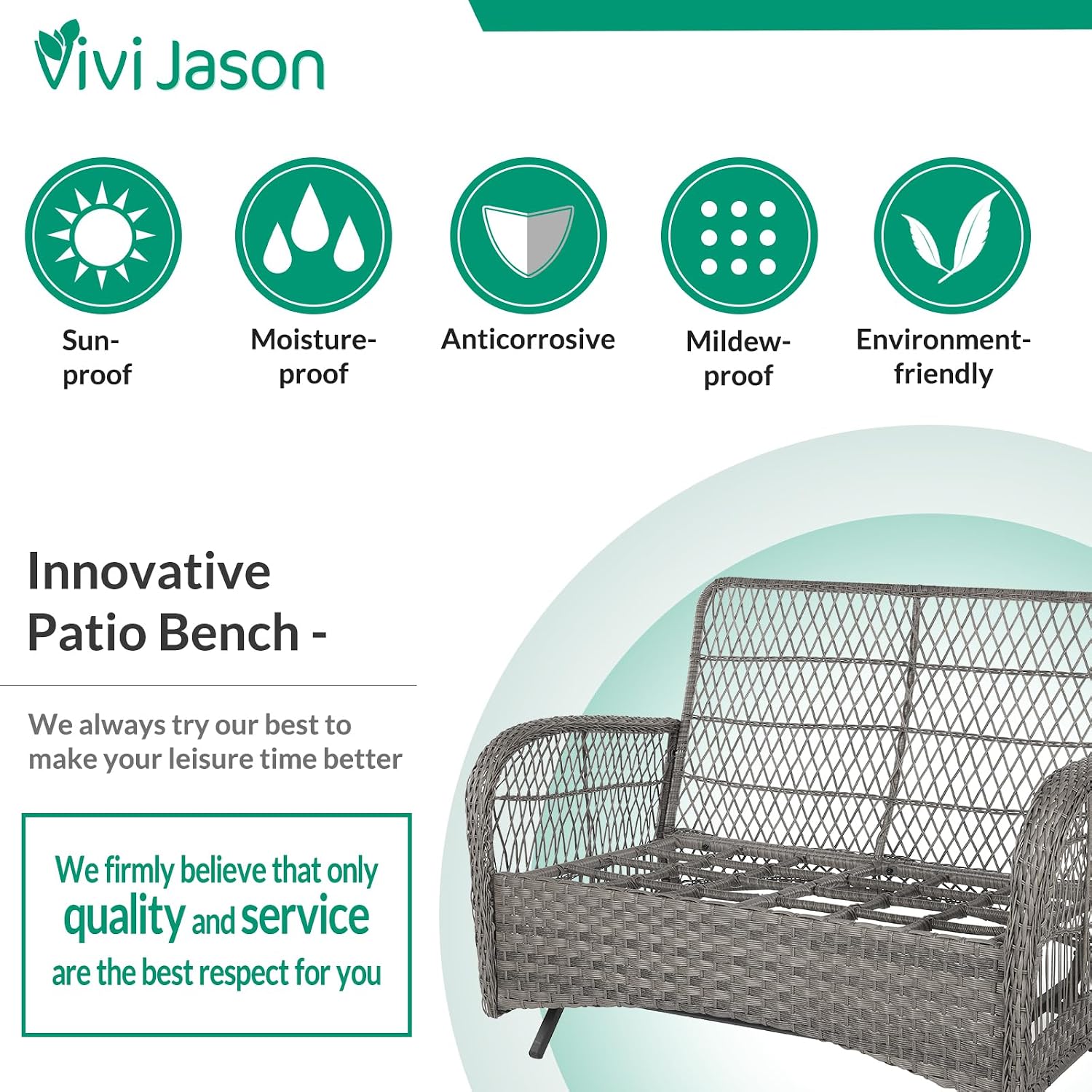 VIVIJASON 4-Piece Outdoor Patio Wicker Conversation Sets, All Weather Outdoor Rattan Furniture Set Includes Glider Loveseat, Coffee Table, 2 Rocking Chairs with Cushions for Backyard, Grey