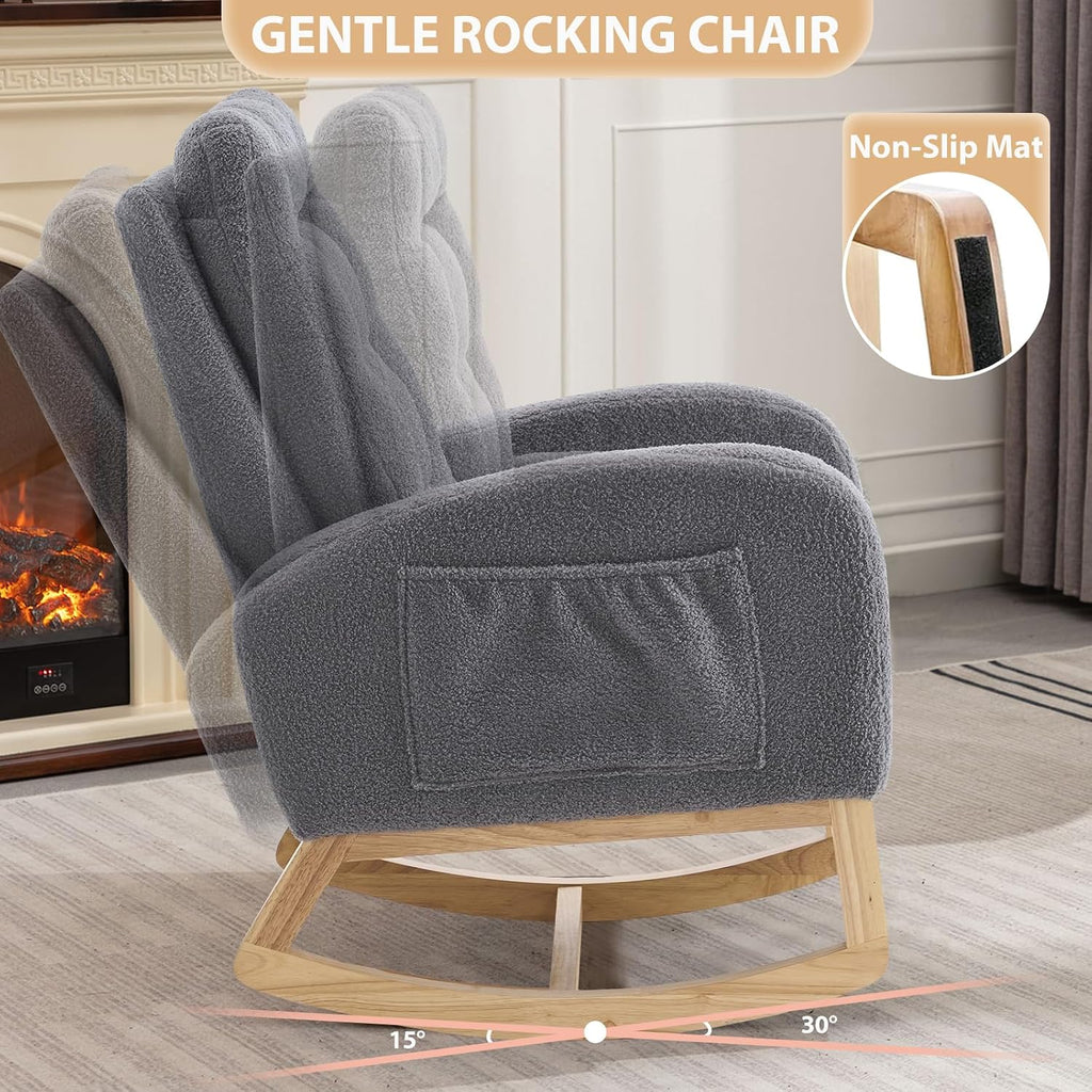 cinkehome Nursery Rocking Chair with Retractable Foot Rest, Teddy Glider Rocking Chair, Mid Century Rocker Chair, High Back, Solid Wood Legs