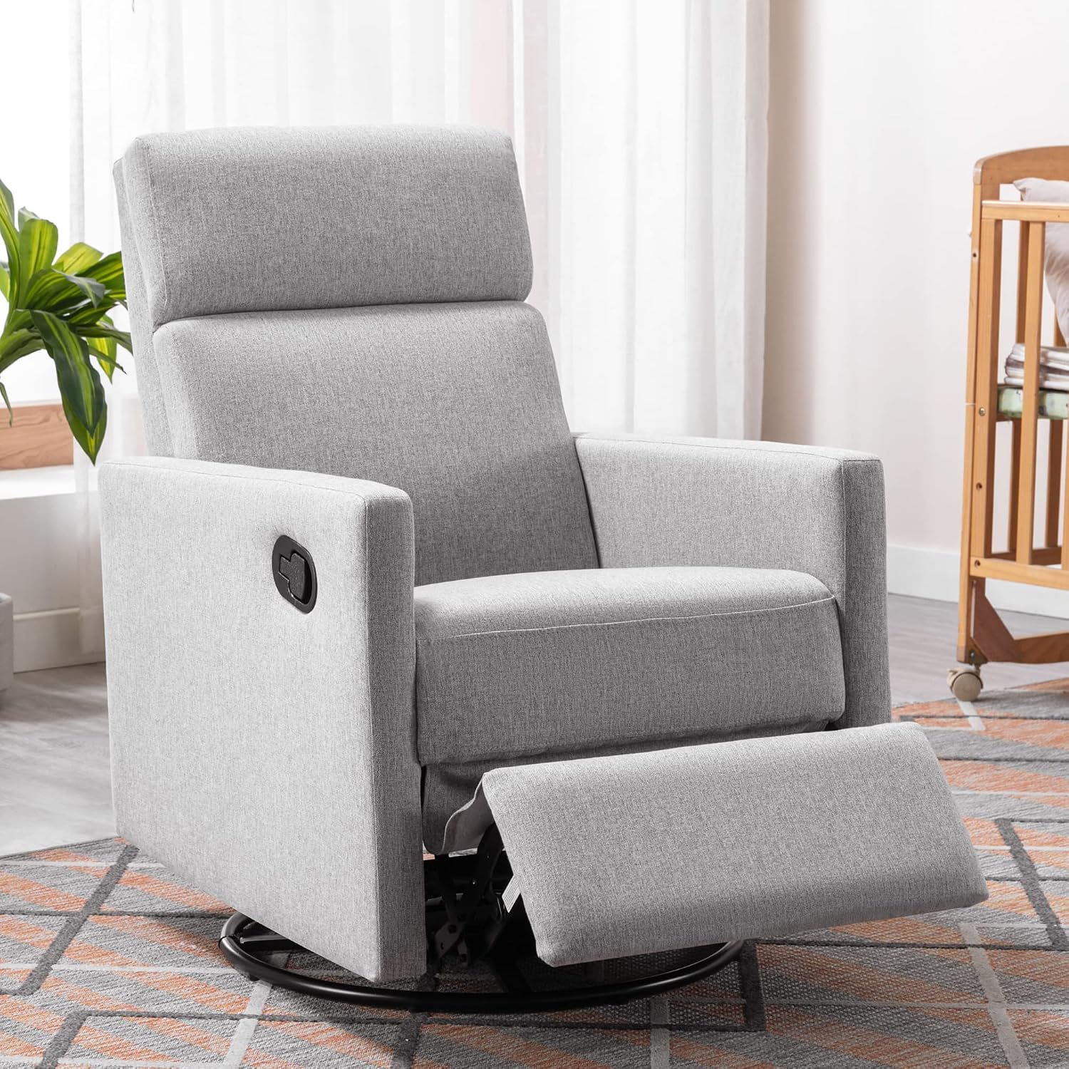 JIVOIT Modern Upholstered Recliner Chair with Tall Backrest, Rocker Nursery Chair Plush Seating Glider Swivel Recliner Chair, Single Sofa Home Theater Seating with Square Arms (Gray+Square Arms)