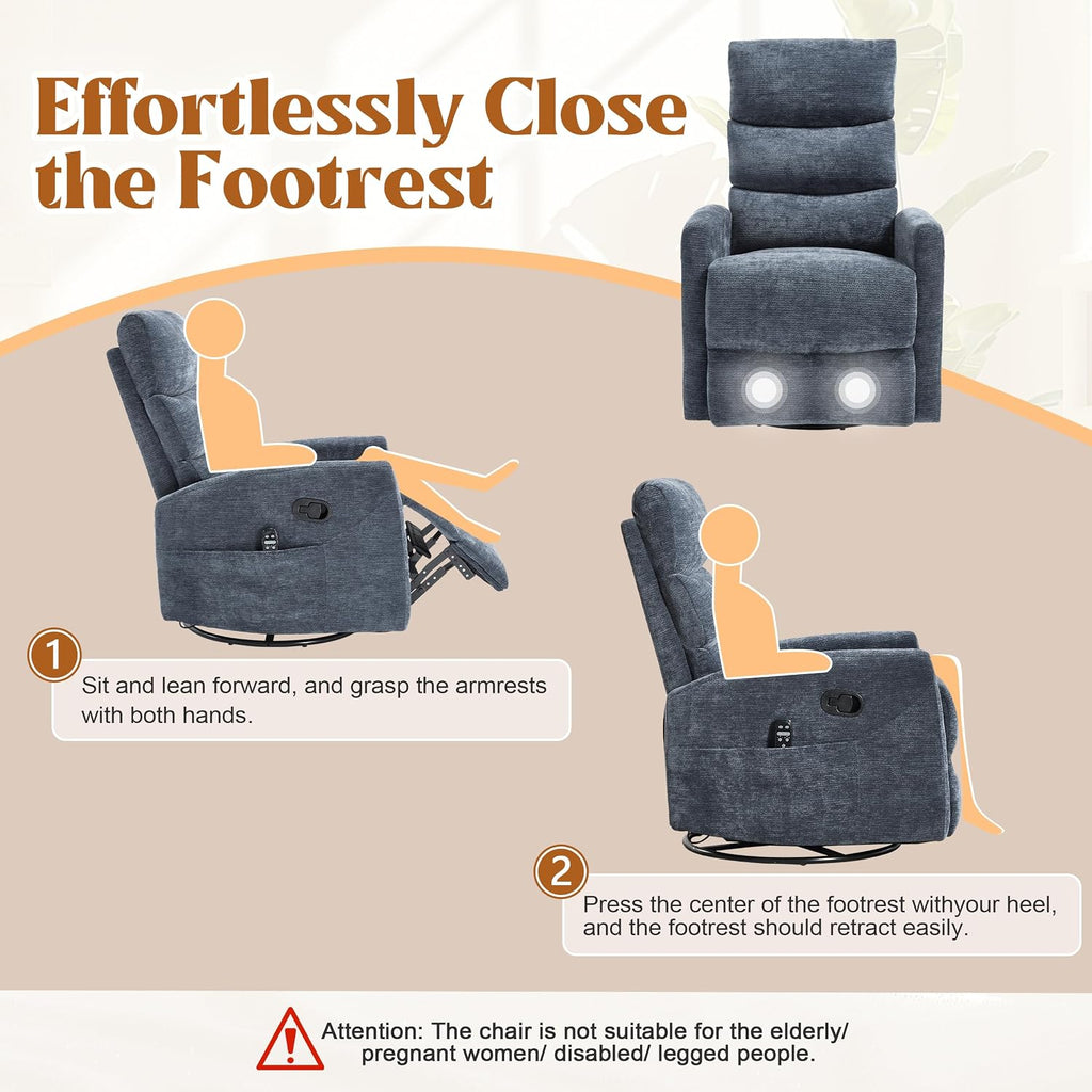 Luxlen Manual Swivel Rocker Recliner Chair with Massage, Overstuffed Recliner Glider with Vibration Massage and Heat for Nursery, Living Room Reclining Sofa Chair, Fabric Blue