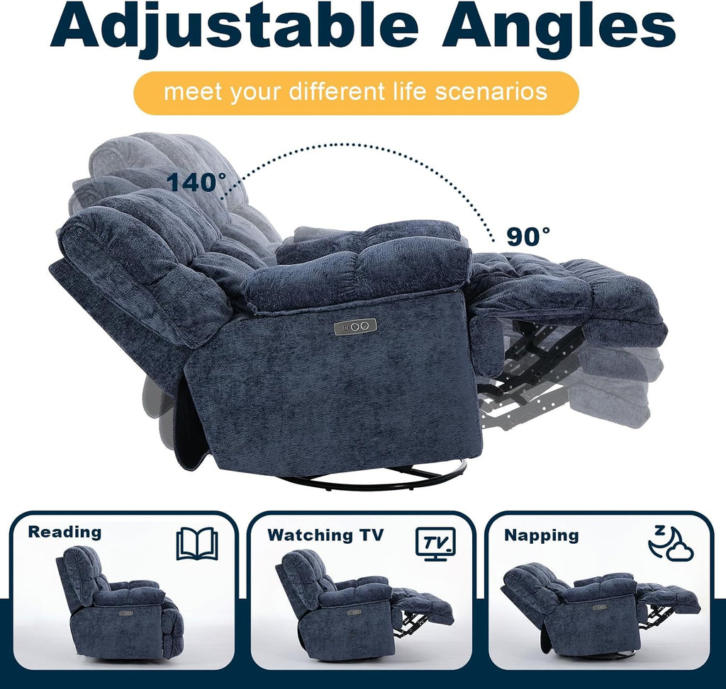 GINGO Power Oversized Recliner Chair, Extra Wide Swivel Rocking Recliner Chair, Breathable Soft Fabric Modern Single Sofa for Living Room, 90°-140° Electric Adjustable Angle, USB & Type-C Port, Blue