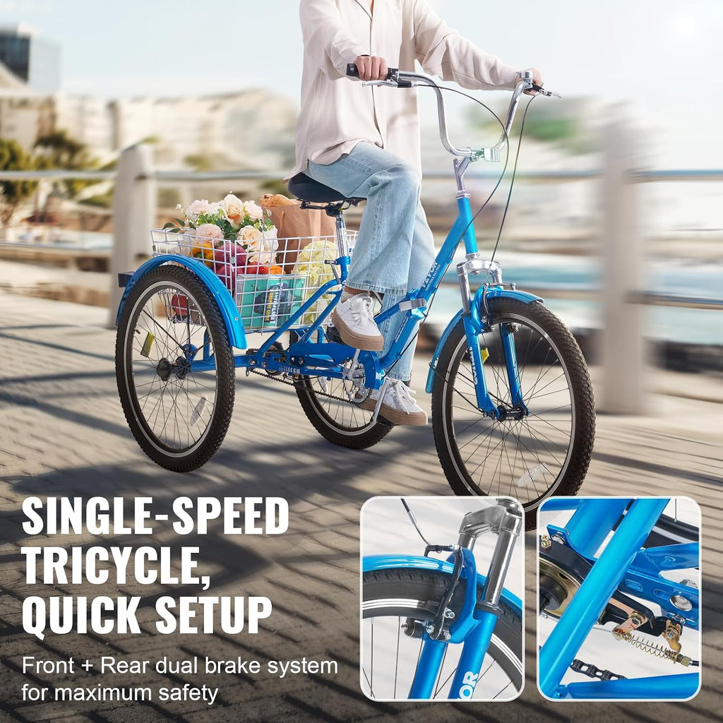 VEVOR Folding Adult Tricycle,Adult Folding Trikes, 3 Wheel Cruiser Bike with Large Basket & Adjustable Seat, Shopping Picnic Foldable Tricycles for Women, Men, Seniors