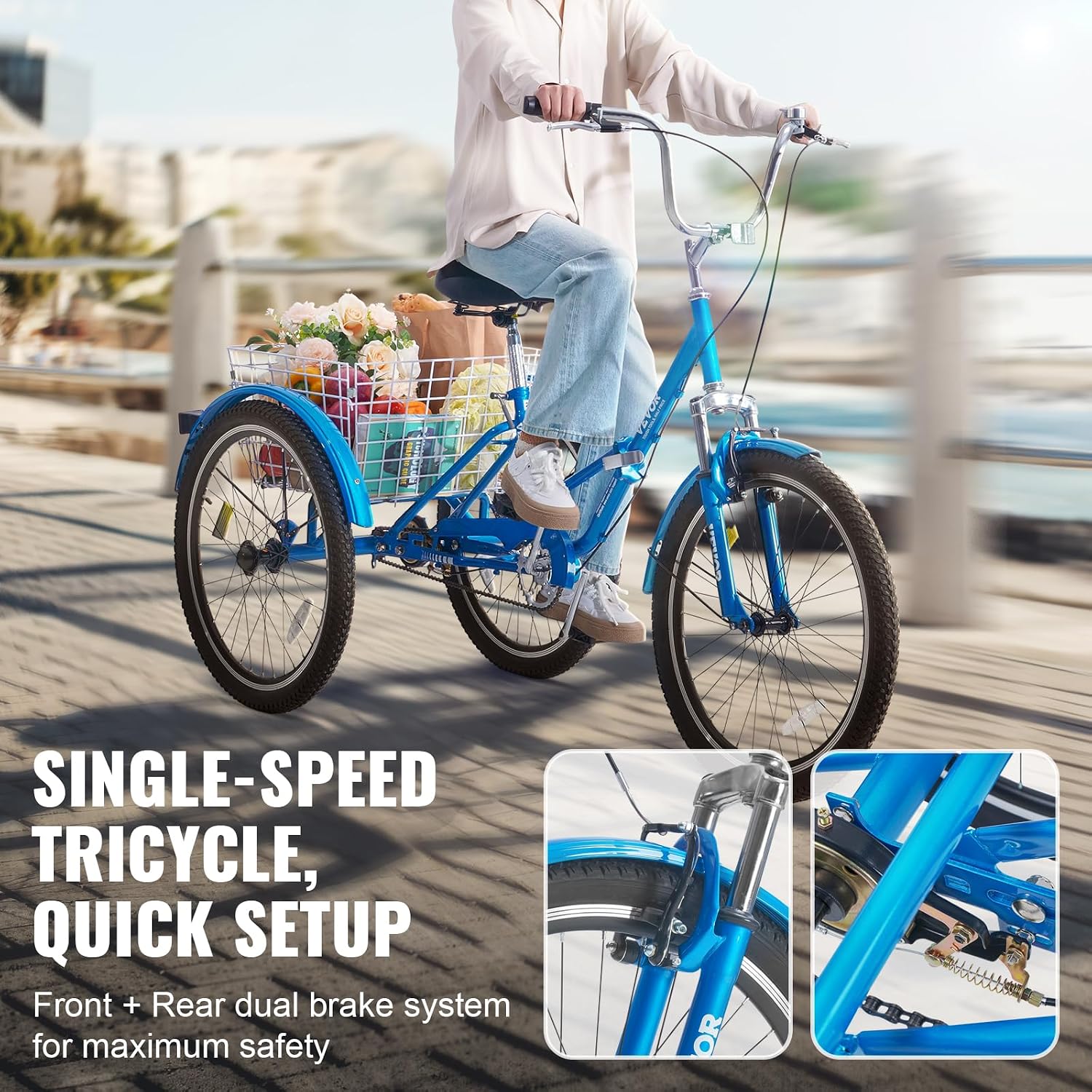 VEVOR Folding Adult Tricycle,Adult Folding Trikes, 3 Wheel Cruiser Bike with Large Basket & Adjustable Seat, Shopping Picnic Foldable Tricycles for Women, Men, Seniors