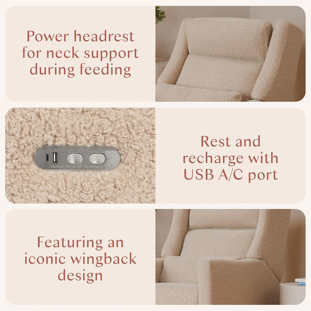 Babyletto Kiwi Plus Power Recliner and Swivel Glider with Power Headrest and USB Port in Chai Shearling, GREENGUARD Gold and CertiPUR-US Certified
