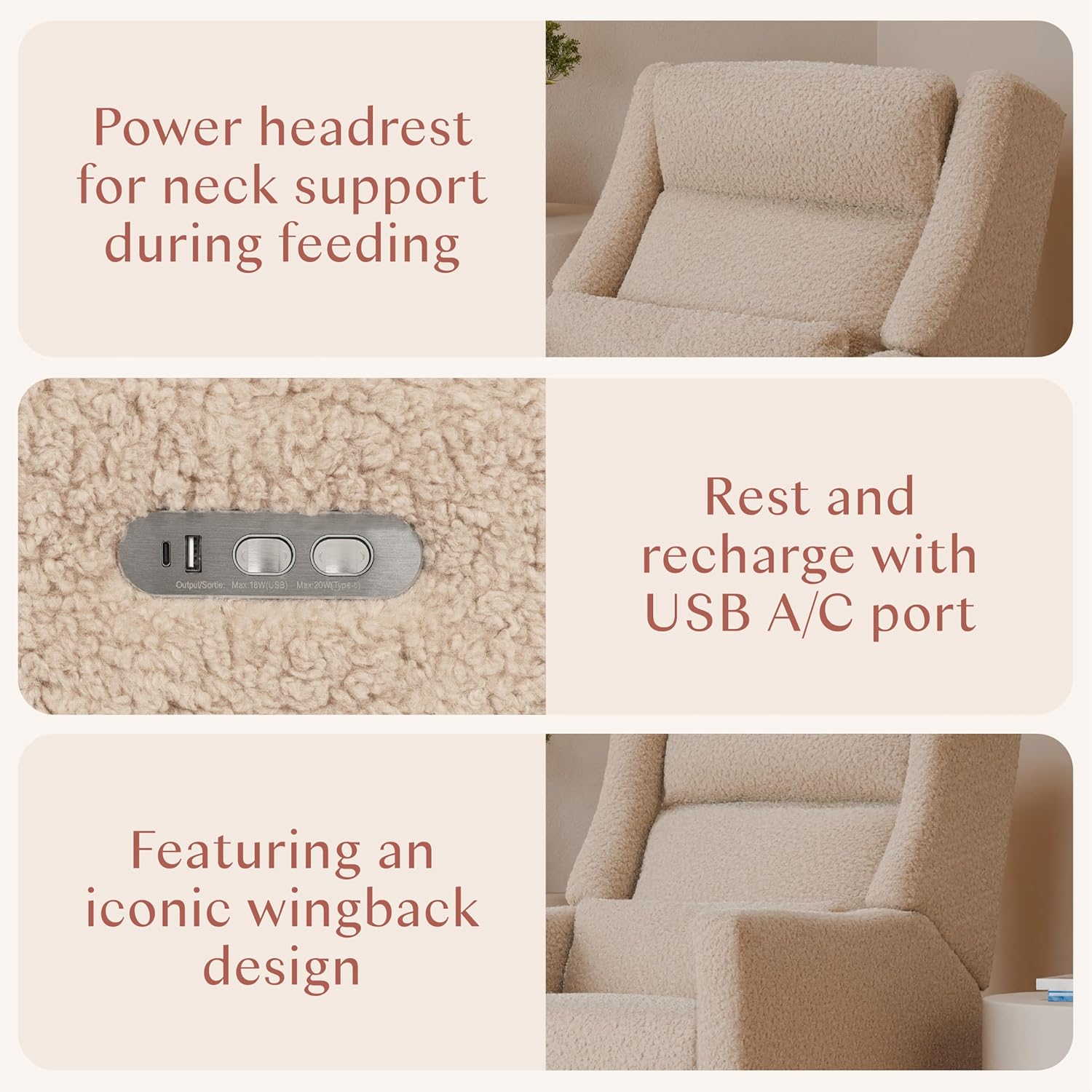 Babyletto Kiwi Plus Power Recliner and Swivel Glider with Power Headrest and USB Port in Chai Shearling, GREENGUARD Gold and CertiPUR-US Certified
