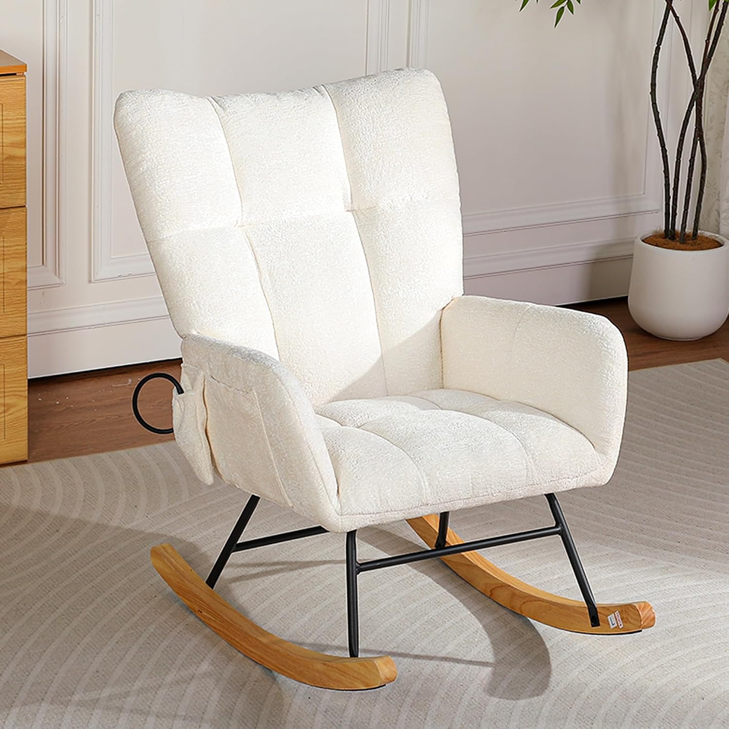 Rocking Chair Nursery with Airbag, Comfy Modern Nursery Rocking Reading Chair indoor, Cozy Upholstered Glider Rocker Chairs for Living Room Bedroom Offices, Sillas Mecedoras(Chenille, White)