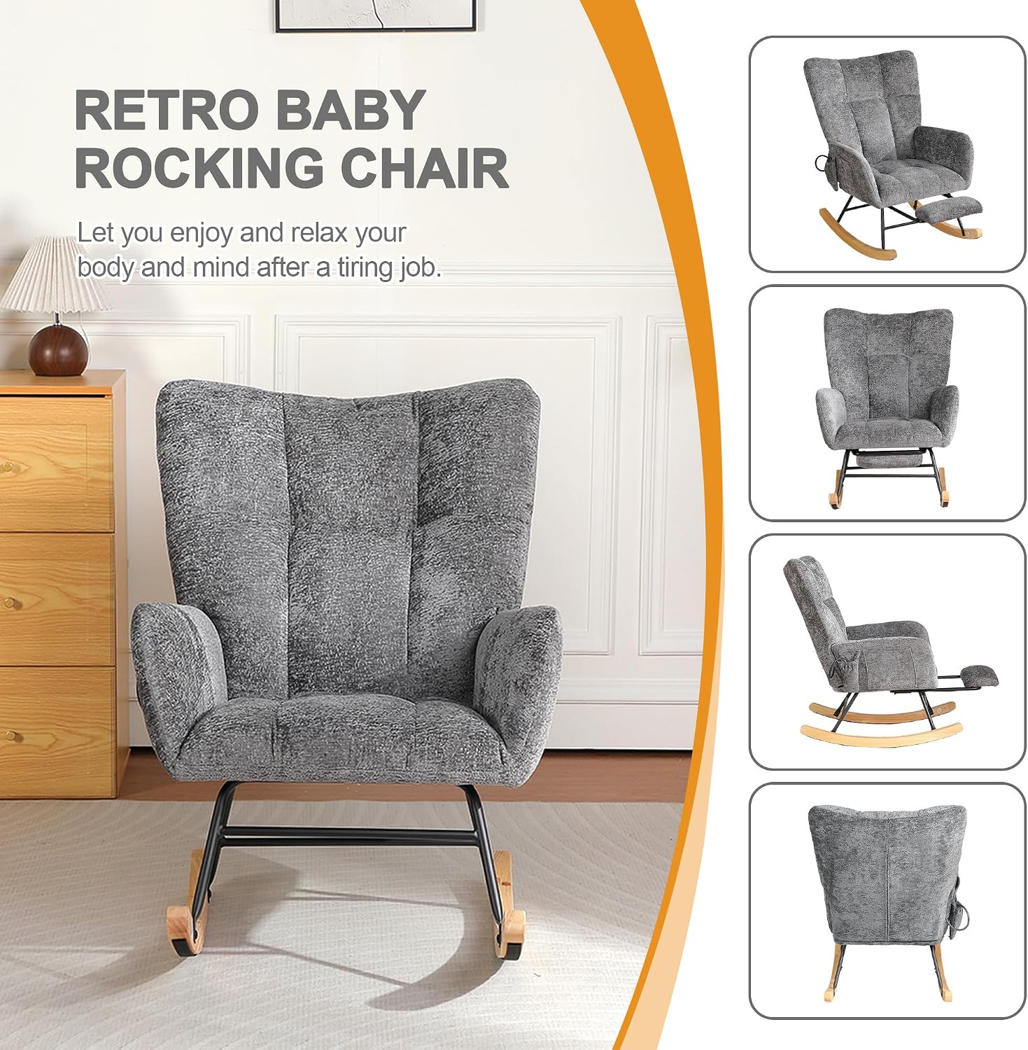 Rocking Chair Nursery with Airbag, Comfy Nursery Rocking Reading Chair Indoor, Cozy Upholstered Glider Rocker Chairs for Living Room Bedroom Offices, Sillas Mecedoras(Chenille, Dark Grey)