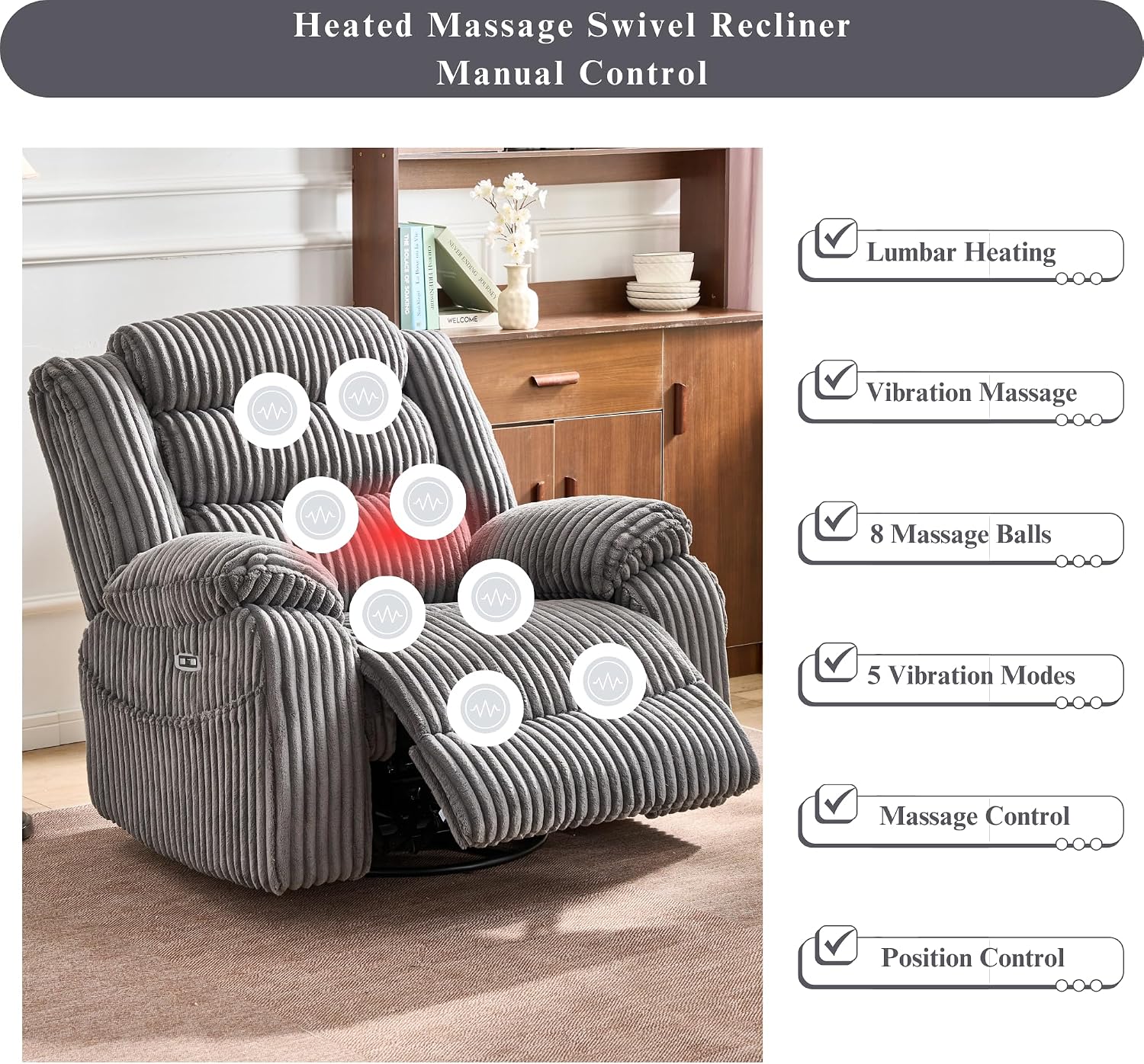 JUUXO Extra Wide Power Swivel Rocking Recliner for Adults with Heat Massage, USB & Type-C Charging, Electric Glider Rocker Chair for Living Room Nursery Bedroom Office