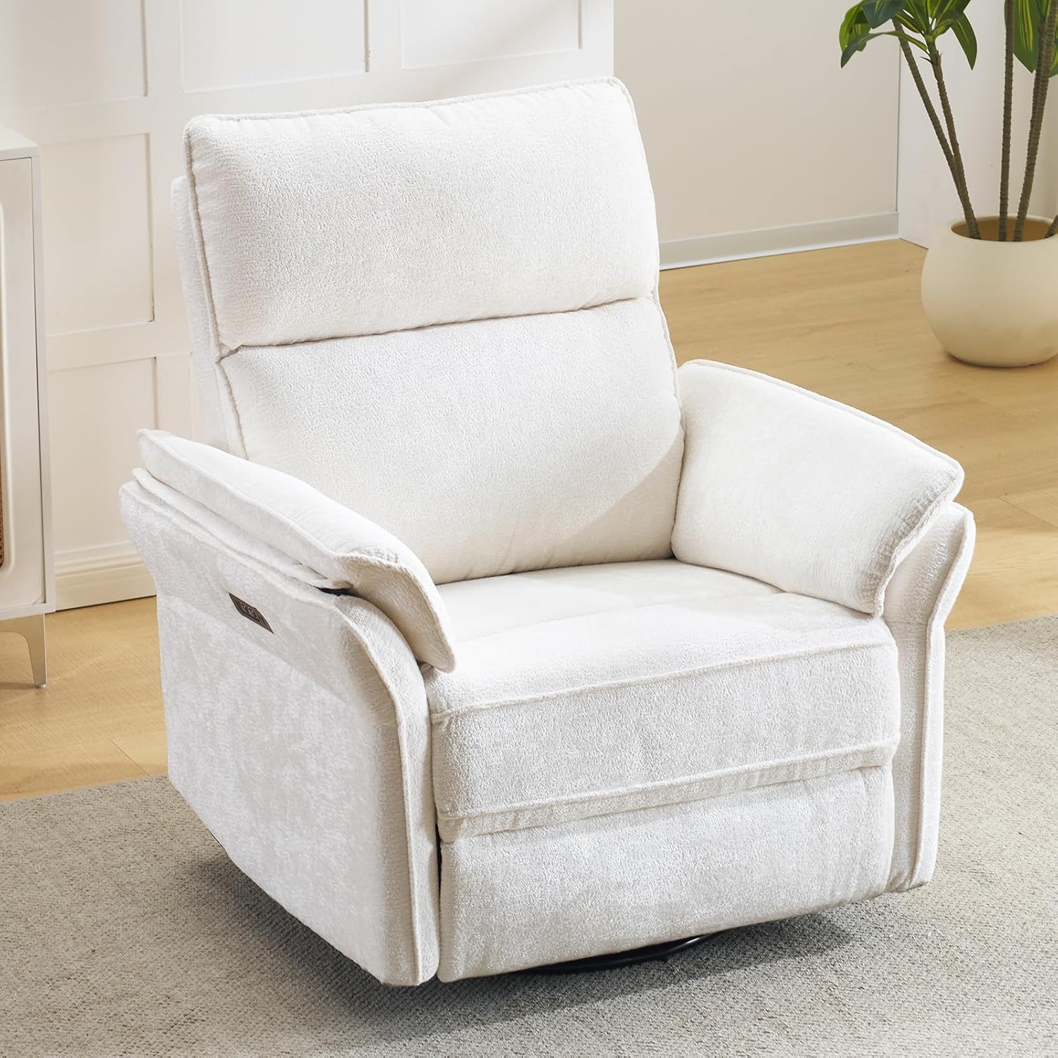 Oversized Rocking Chair Nursery with Massage and Heat, Glider Recliner Nursery Chair with Adjustable Headrest, Power Swivel Rocker Recliner Chair with USB Port, White