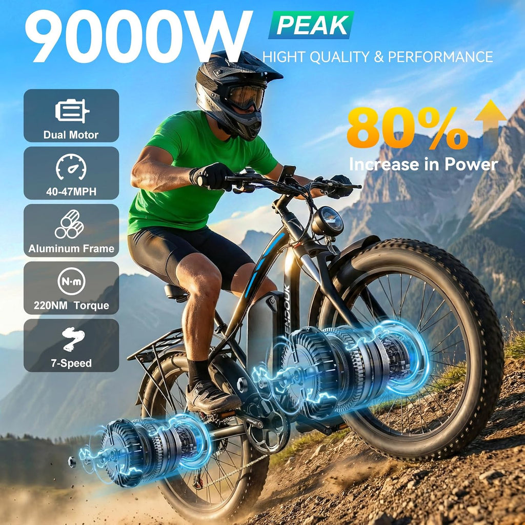 Dual Motor Ebike Peak 9000W - 47MPH Fast Ebike for Adults 58V Max-Output 36AH Battery Electric Bike 105 Miles 7-Speed 24' Fat Tire EBike for Mountain Sand