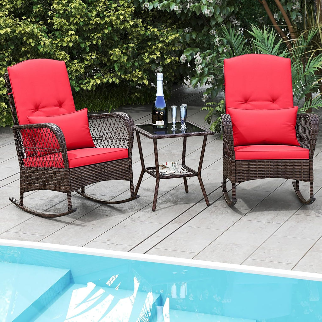 Tangkula 3 Piece Patio Rocker Set, Patiojoy Outdoor Wicker Rocking Chairs w/Double-Layer Coffee Table, Rattan Rocker Chair Set w/Seat Back Cushions & Pillows, for Porch, Backyard, Poolside (Red)