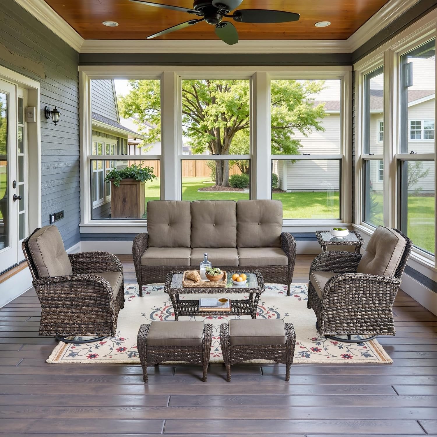 Belord Wicker Outdoor Furniture Set - 7 Piece Patio Conversation Sets with Comfort Swivel Rocker Glider Patio Chairs Set of 2 and Rattan Sofa, Tempered Glass Coffee Table and Side Table,Brown/Gray