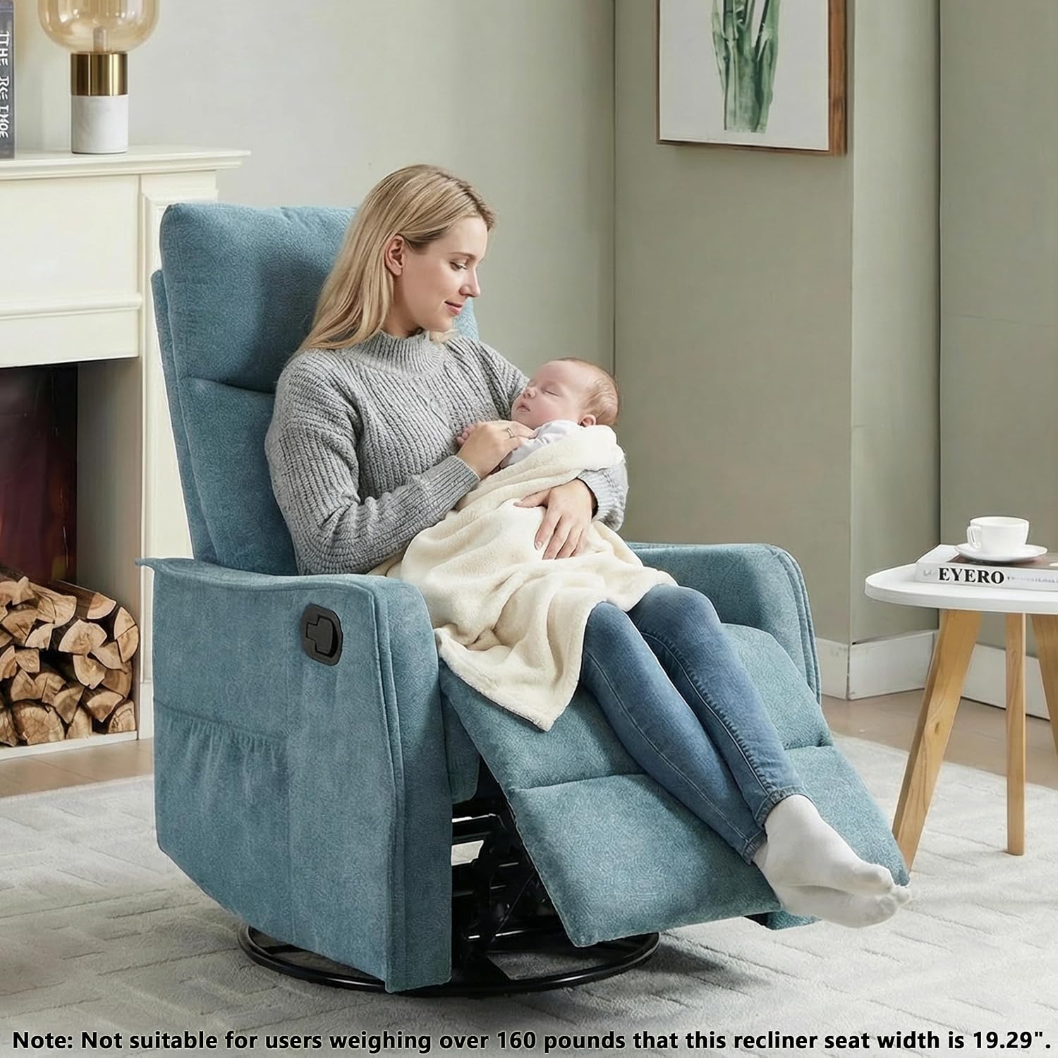 Manual 360° Swivel Rocker Recliner Chair for Adults, Overstuffed Glider Chair for Nursery with Vibration Massage and Heat, Comfy Soft Fabric Glider with Side Pockets for Living Room, Blue