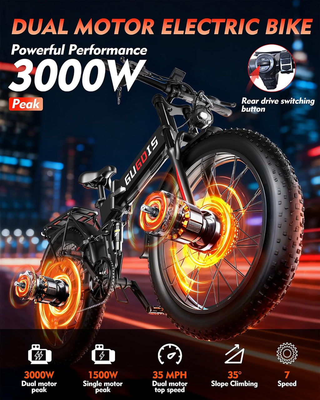 Rakowe Folding Electric Bike for Adults, 3000W Peak Dual Motor Ebike, 26' Fat Tire E-Bike, 48V Battery, Up to 35MPH & 60 Miles, All-Terrain, UL Certified, Suspension Electric Dirt Bike