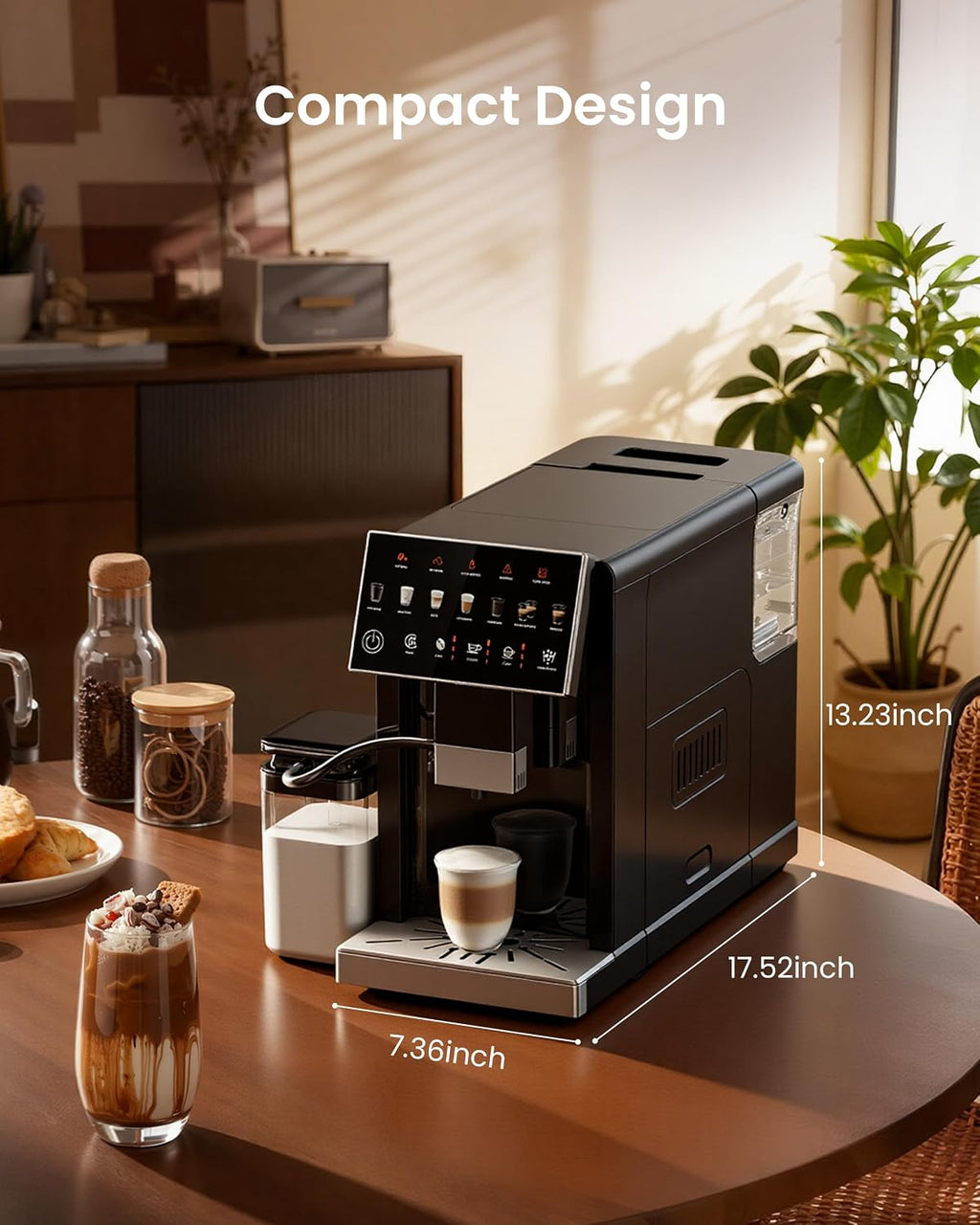 Fully Automatic Coffee Machine, 20 Bar Coffee Maker with Grinder, Automatic Espresso Machine with 15 Grinding Levels, Touch Control for Cappuccino & Latte, Auto Self-Cleaning