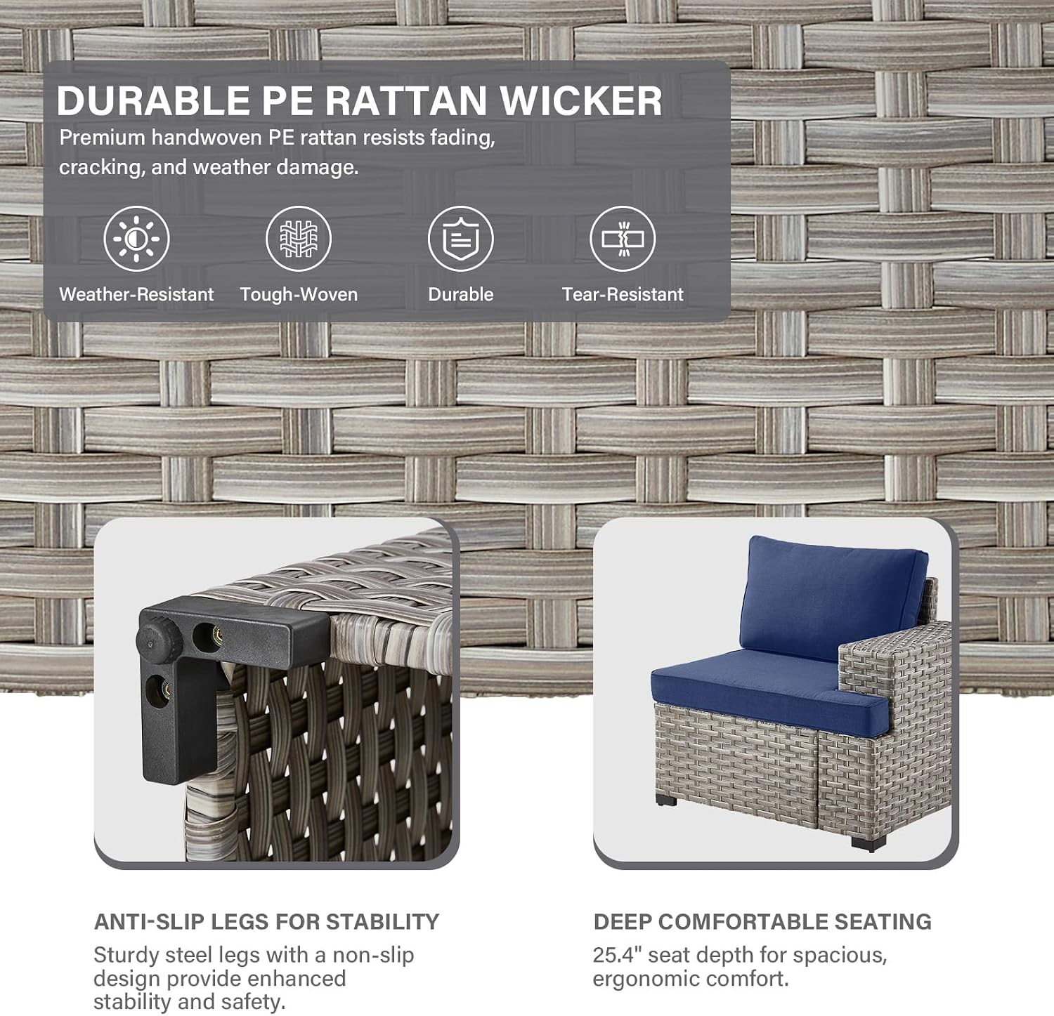 Modular Outdoor Couch Wicker Patio Sofa - High Backrest Wicker Sofa with Removable 4' Cushions All-Weather 3 Seater Seating Patio Couch for Deck Proch Balcony Backyard
