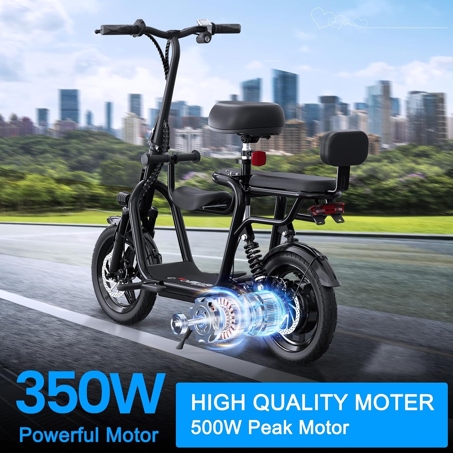 EILLEO Electric Scooter with 3 Seats for Adults Power by 500W Peak Motor, E Bike with 14' Pneumatic Tire and 20 Miles Range&17.4Mph, Electric Bicycle for Women/Man Black