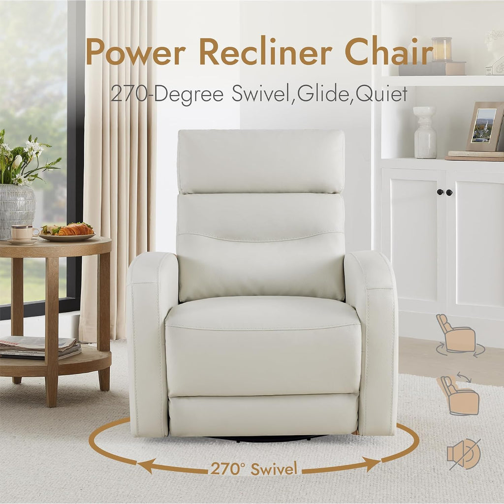 Watson & Whitely Swivel Recliner with Power Headrest, Recliner Chairs for Adults, Small Glider Rocker for Living Room, Faux Leather in Cream
