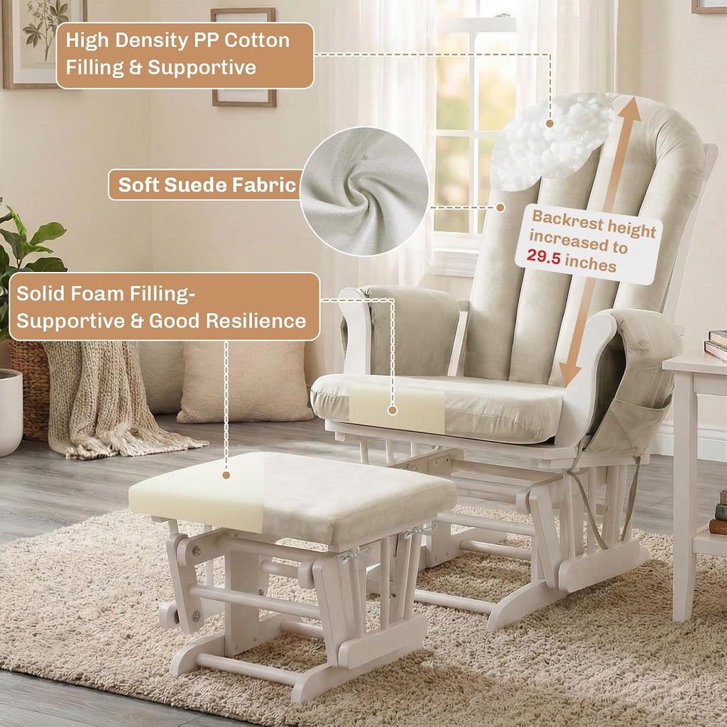 5PCS Suede Glider Rocker Replacement Cushions with 29.5' High Backrest & Side Pockets, Thickened Soft Glider Rocking Chair Cushions with Ottoman Cushion for Indoor Nursery Rocking Chair, Beige