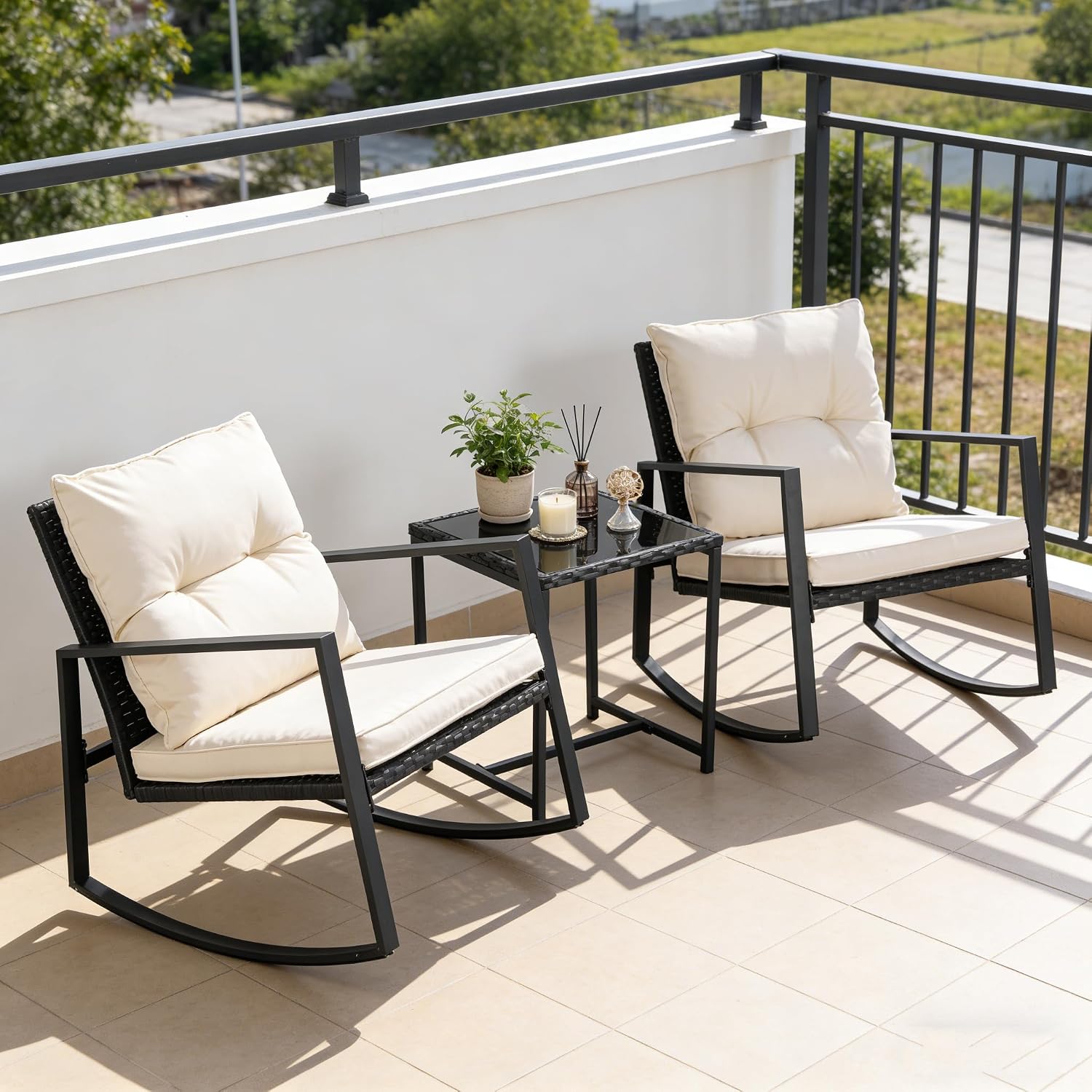 SUNCROWN 3 Piece Outdoor Rocking Bistro Set Black Wicker Furniture Porch Chairs Conversation Sets with Glass Coffee Table, Beige
