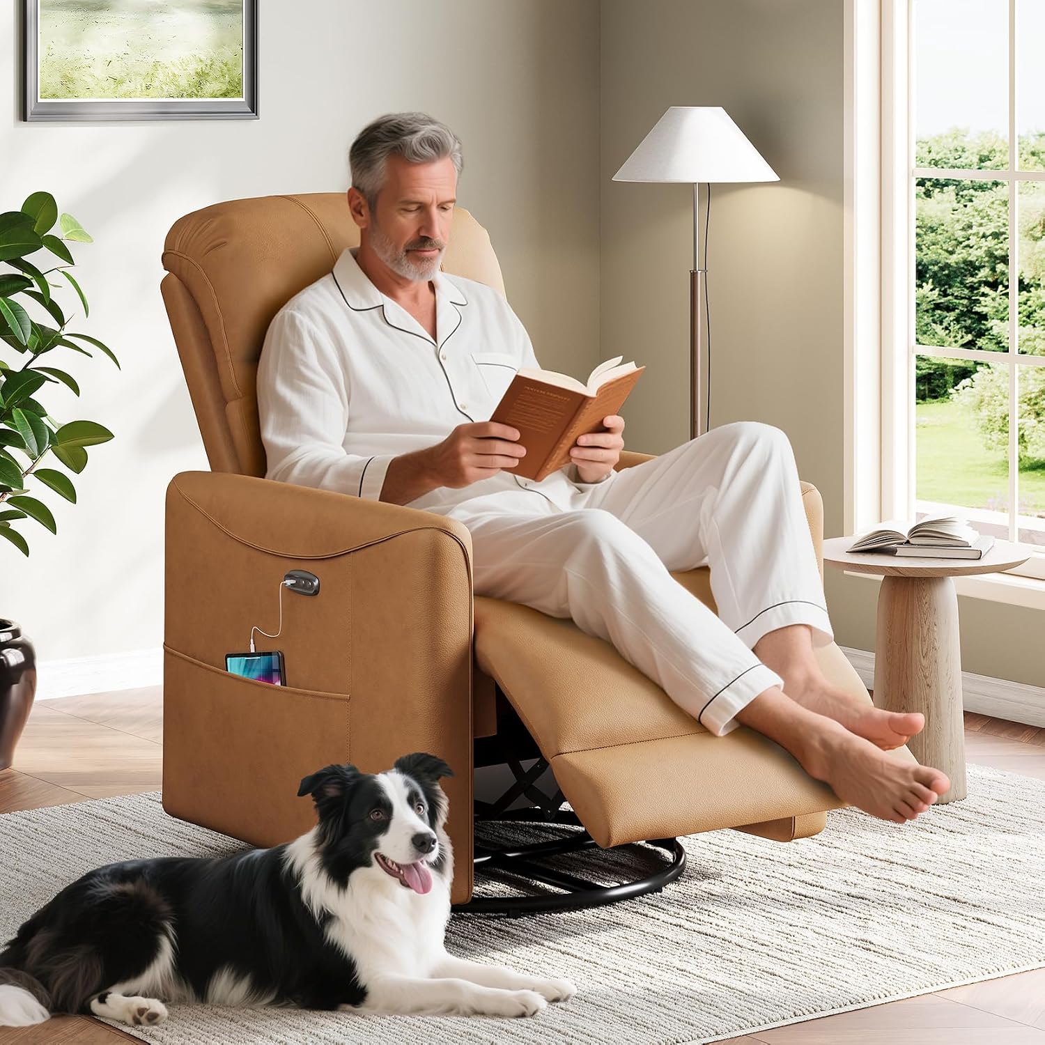 Welzona Power Swivel Rocker Recliner, 360° Swivel Nursery Rocking Chair, PU Leather Glider Rocking Recliner, Infinite Position Electric Chair for Adults with USB Port for Living Room, Amber Yellow
