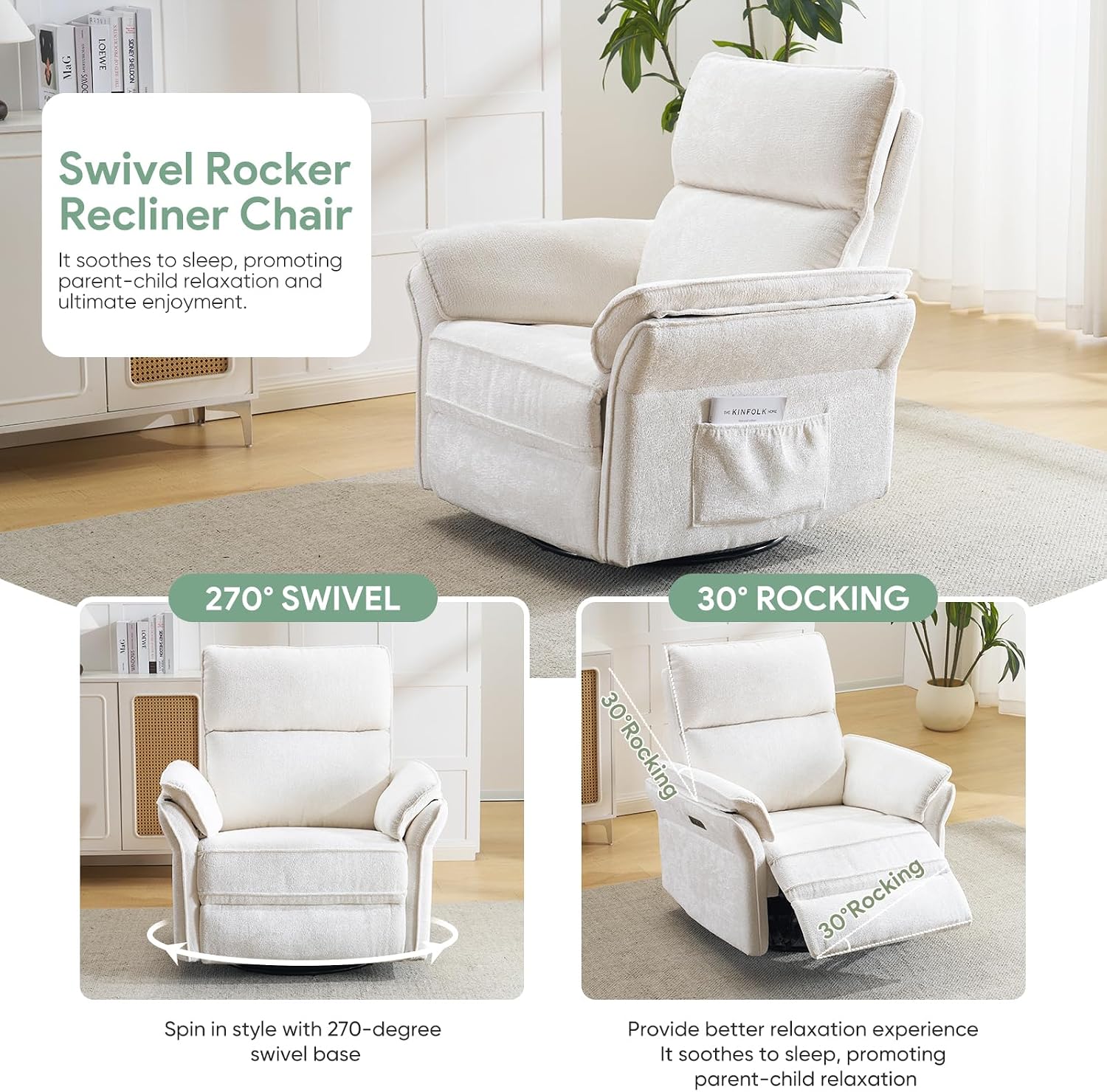 Oversized Rocking Chair Nursery with Massage and Heat, Glider Recliner Nursery Chair with Adjustable Headrest, Power Swivel Rocker Recliner Chair with USB Port, White