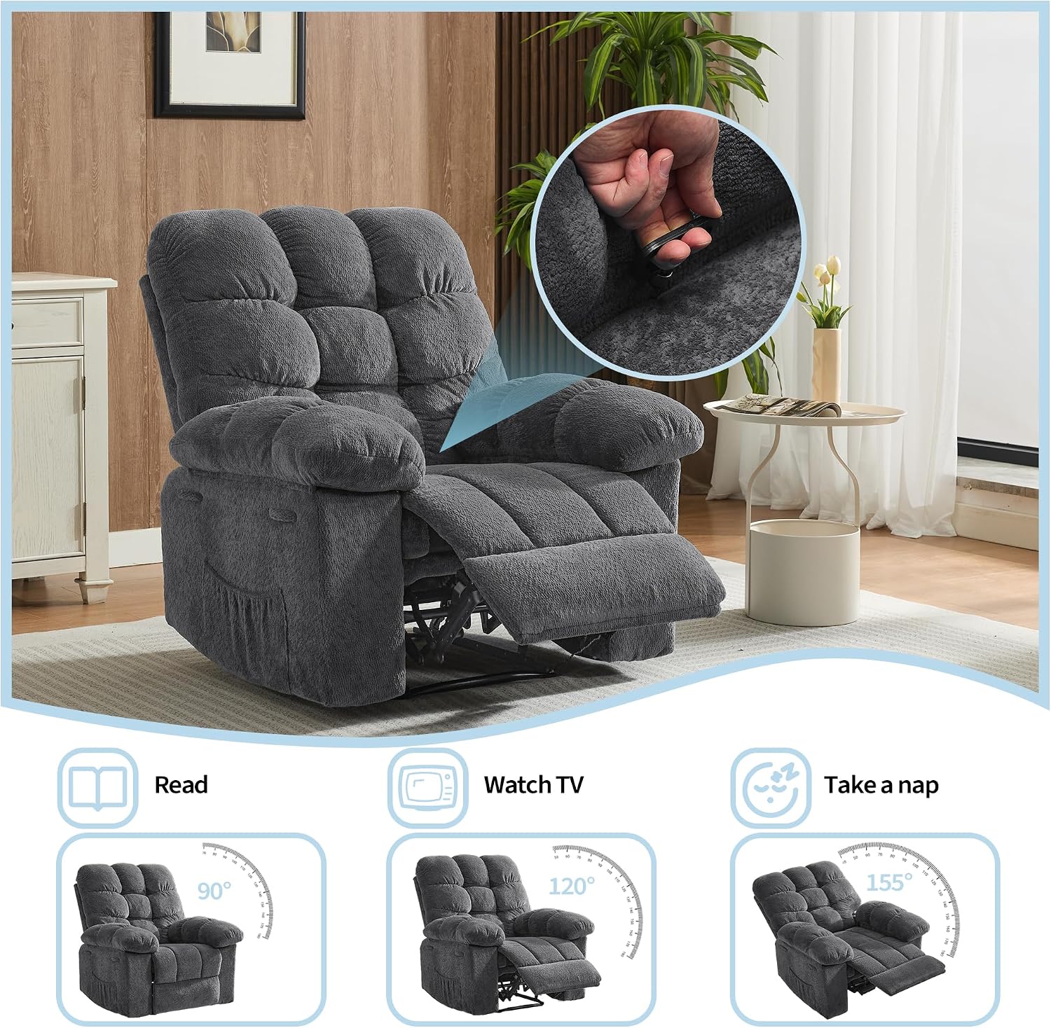 Manual Recliner Chair for Living Room, Overstuffed Fabric Reclining Sofa with Side Pockets, Ergonomic Upholstered Lazy Chair with Q235 Steel Frame for Adults (Gray)