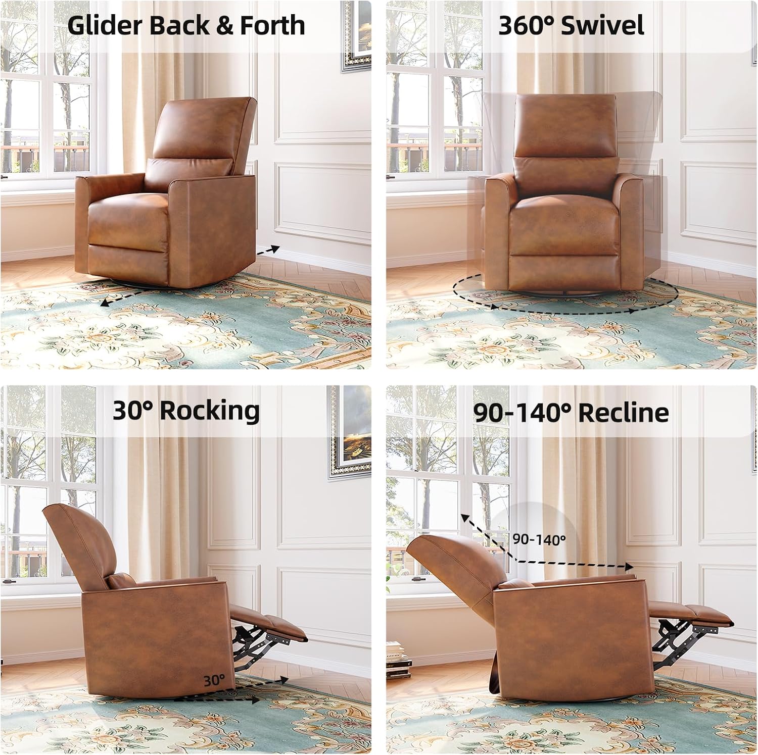 GAOMON Swivel Rocking Recliner Chair, Manual Leather Recliner Glider with Lumbar Support & Padded Armrest, Comfortable Rocker Nursery Single Sofa for Living Room and Bedroom (Brown)