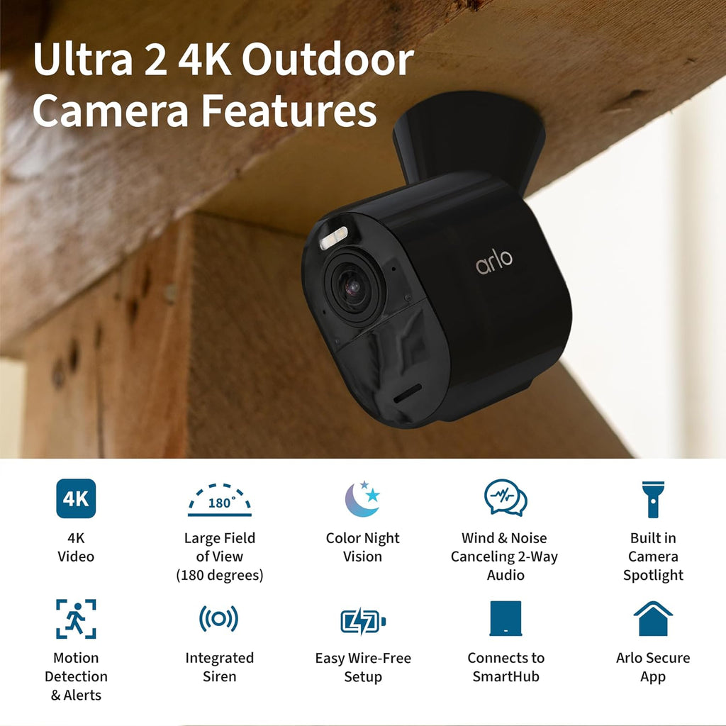 Arlo Ultra Security Camera 4K HDR (2nd Gen, 2020 Release) + SmartHub, Battery Power, Emergency Response, AI Event Captions, 1-Month Trial of Secure Plan, 180° Field of View, 2 Cam, White