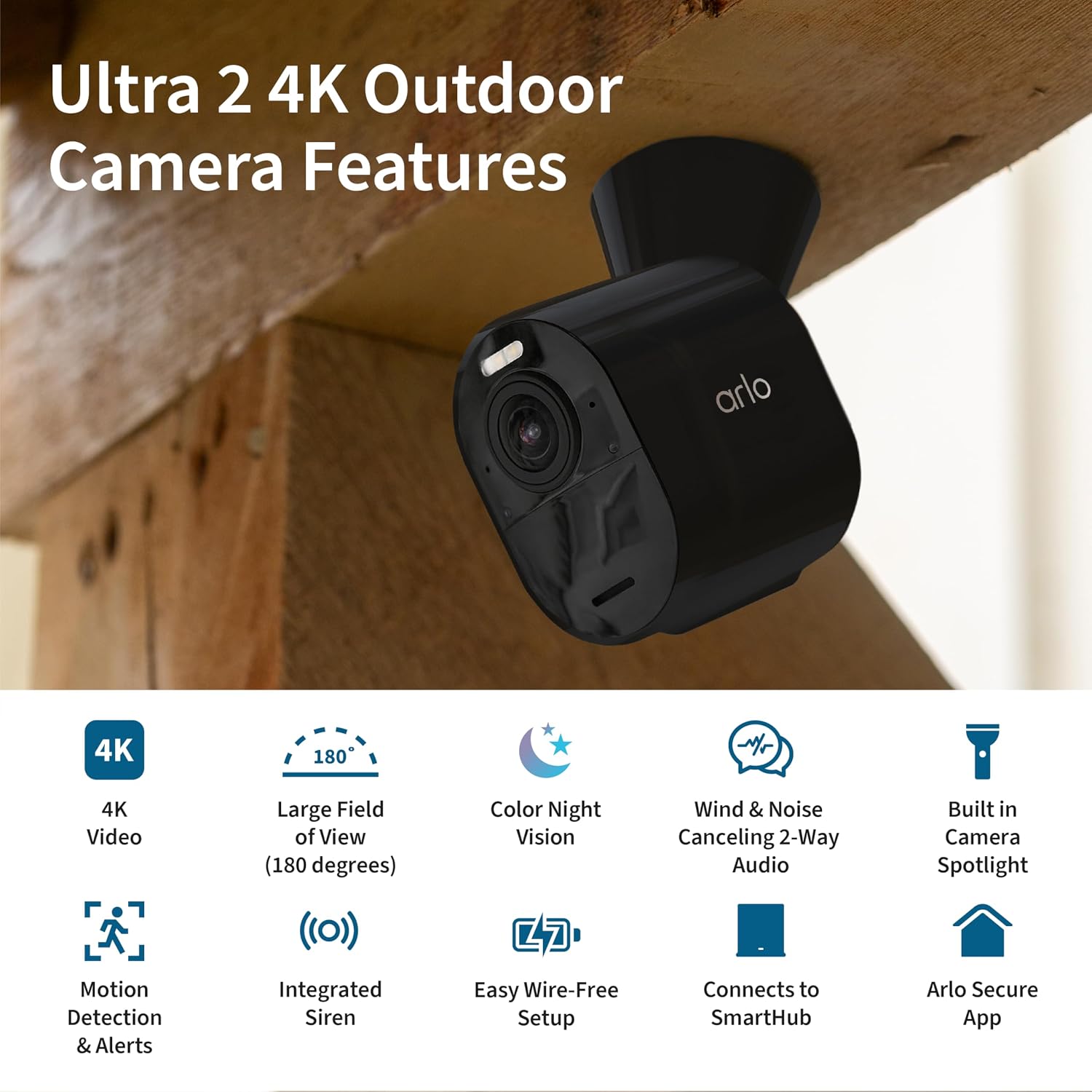 Arlo Ultra Security Camera 4K HDR (2nd Gen, 2020 Release) + SmartHub, Battery Power, Emergency Response, AI Event Captions, 1-Month Trial of Secure Plan, 180° Field of View, 2 Cam, White