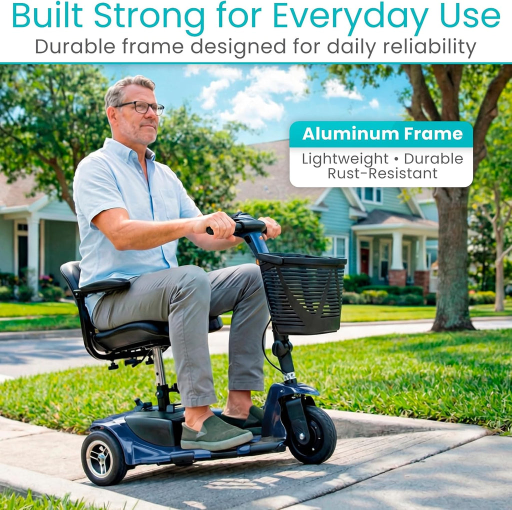 Vive 3 Wheel Mobility Scooter - Electric Powered Mobile Wheelchair Device for Adults - Folding, Collapsible and Compact for Travel - Long Range Power Extended Battery with Charger and Basket Included