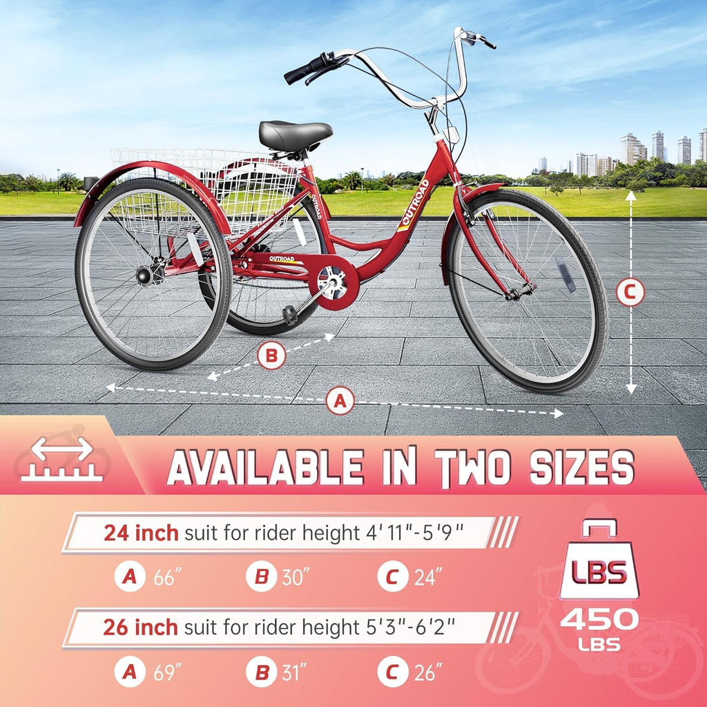 1 Speed Adult Tricycle, 24/26 inch Cruiser Trike with Large Basket for Women Men Seniors, 3 Wheel Bike for Outdoor, Shopping, Recreation, Picnic (Red/Blue/Purple)