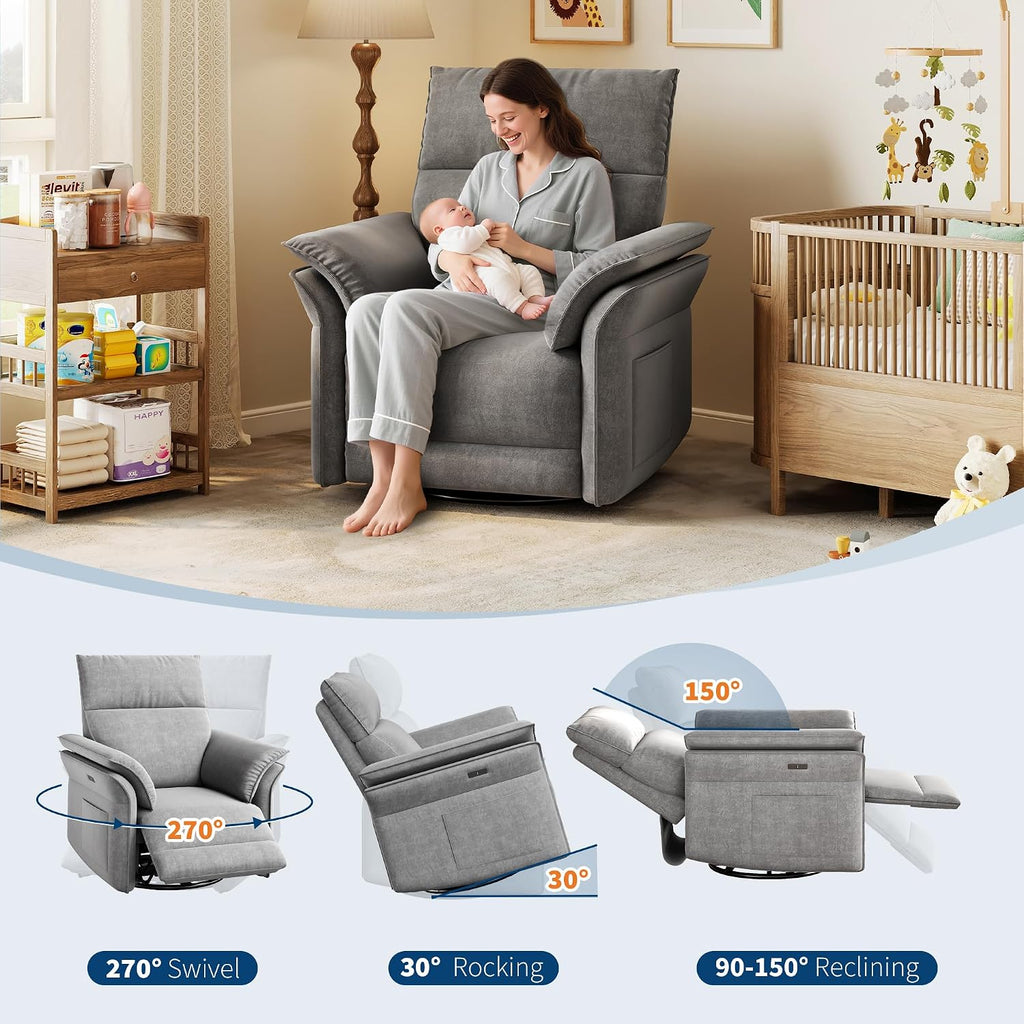 GarveeHome Power Recliner Chair, 270 °Swivel Rocking Glider with USB Charging Port, Chenille Upholstered Fabric and Double-Layer Armrests, Nursery Chair for Living Room, Nursery (Gray)